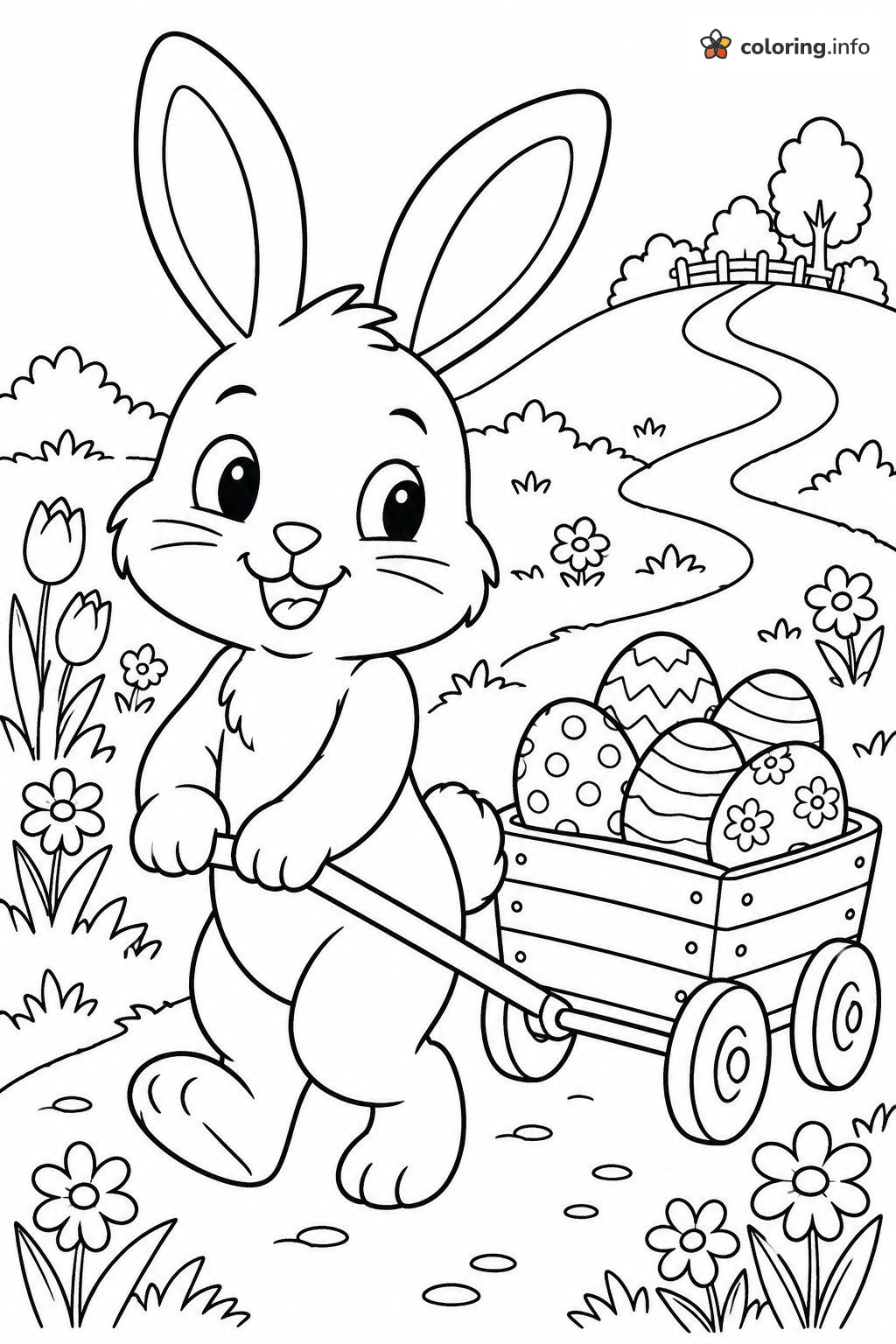 Bunny with a Wagon of Easter Eggs on the Path printable coloring page Bunny with a Wagon of Easter Eggs on the Path printable coloring page