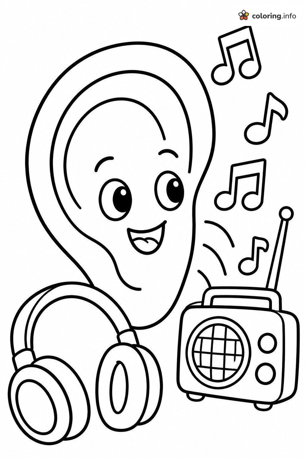 Ear Anatomy and Hearing: Happy Ear With Radio and Notes printable coloring page