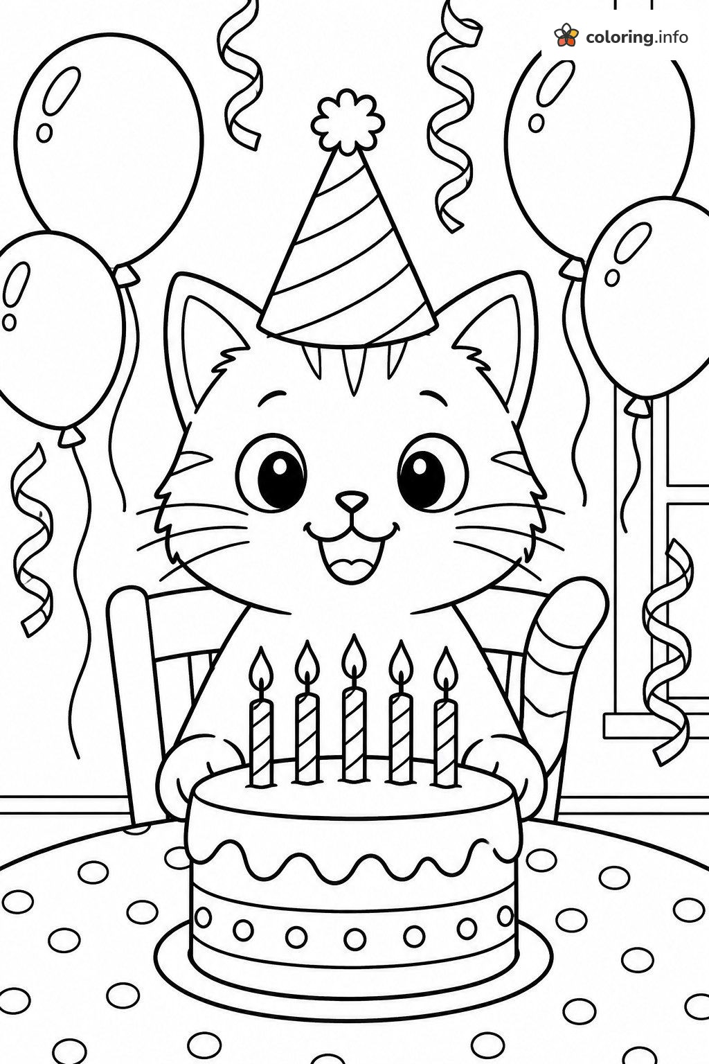 Birthday Party Cat With Cake and Balloons coloring page Birthday Party Cat With Cake and Balloons coloring page