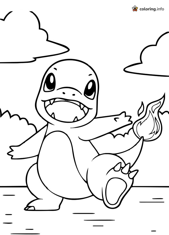 Happy Charmander Mid-Kick Outside coloring page Happy Charmander Mid-Kick Outside coloring page