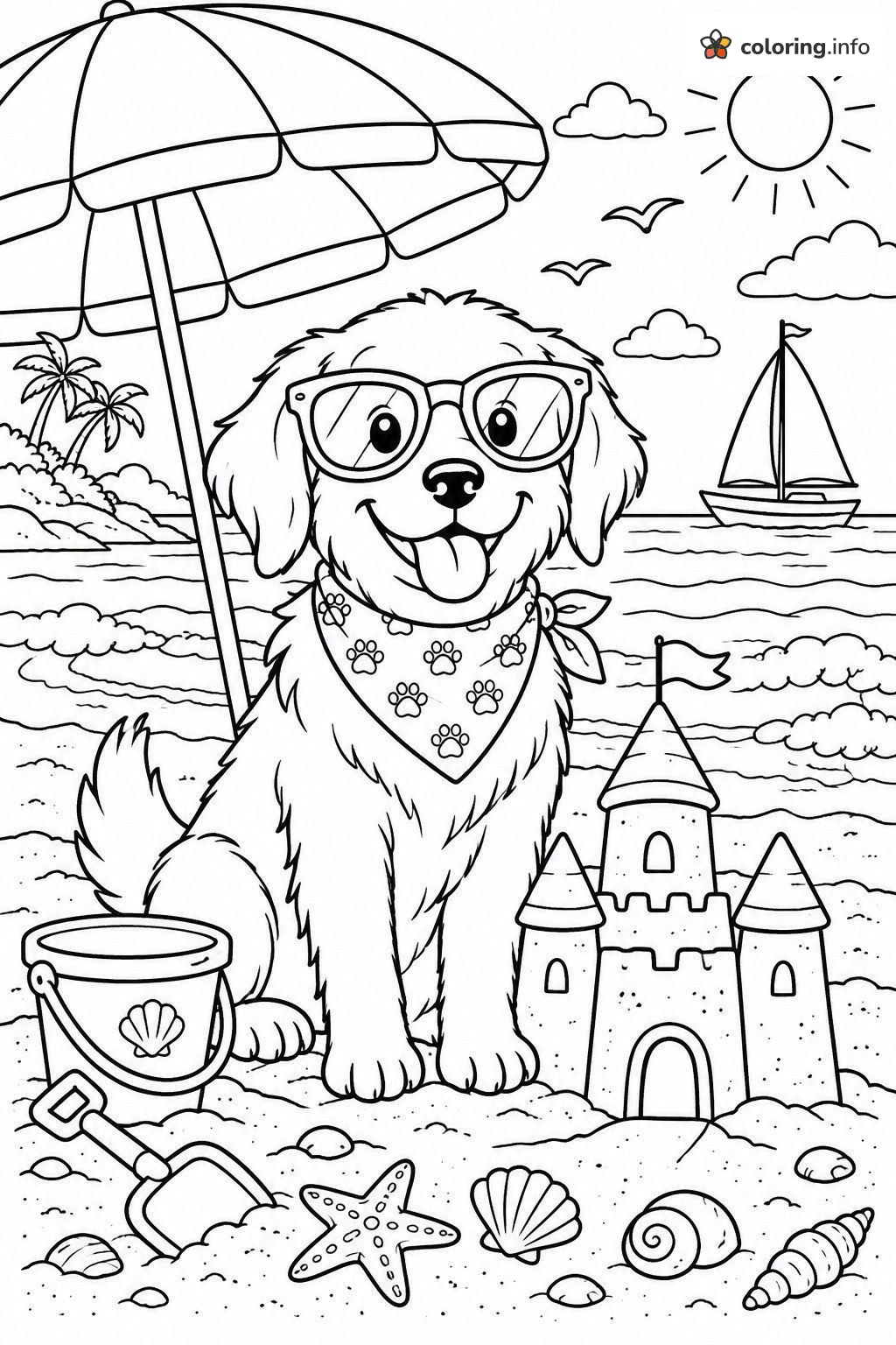 Beach Dog in Sunglasses Building a Sandcastle printable coloring page Beach Dog in Sunglasses Building a Sandcastle printable coloring page