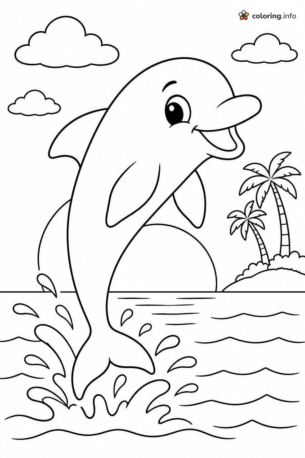 Dolphin Splashing Near a Palm Tree Island coloring page Dolphin Splashing Near a Palm Tree Island coloring page