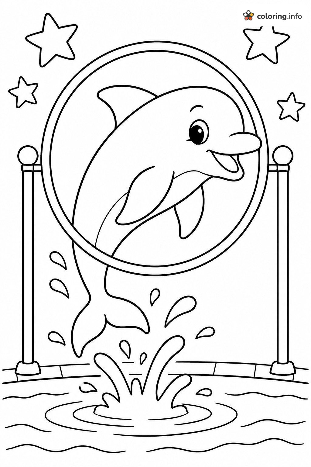 Hoop Jump with a Happy Dolphin and a Big Splash coloring sheet Hoop Jump with a Happy Dolphin and a Big Splash coloring sheet