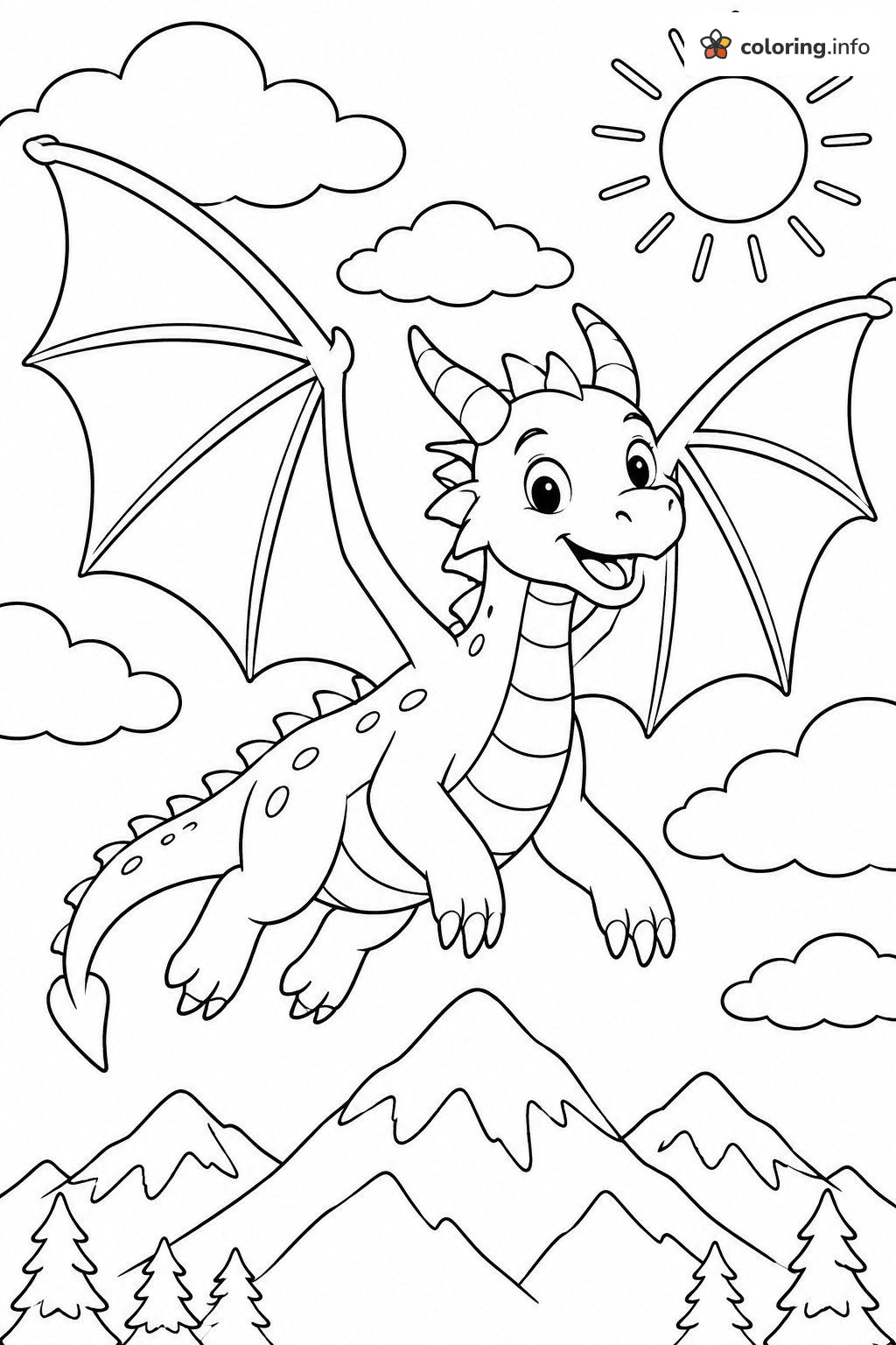 Little Dragon Gliding Above Snowy Peaks and Pines coloring page Little Dragon Gliding Above Snowy Peaks and Pines coloring page
