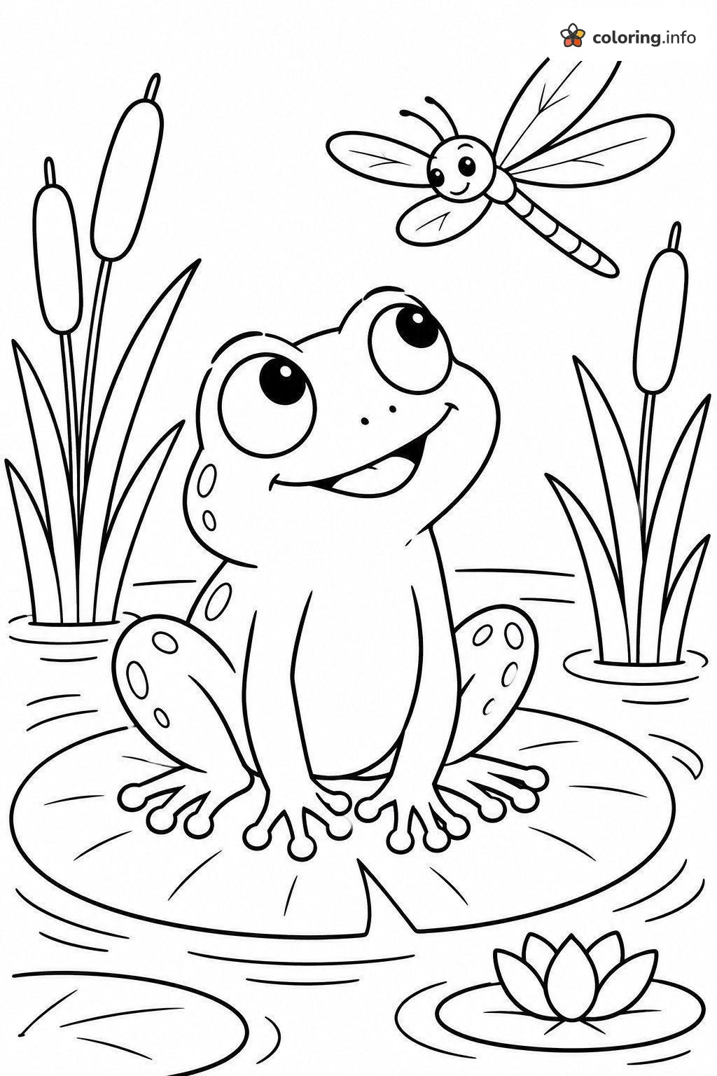 Frog Gazing Up at a Dragonfly From a Lily Pad coloring page Frog Gazing Up at a Dragonfly From a Lily Pad coloring page