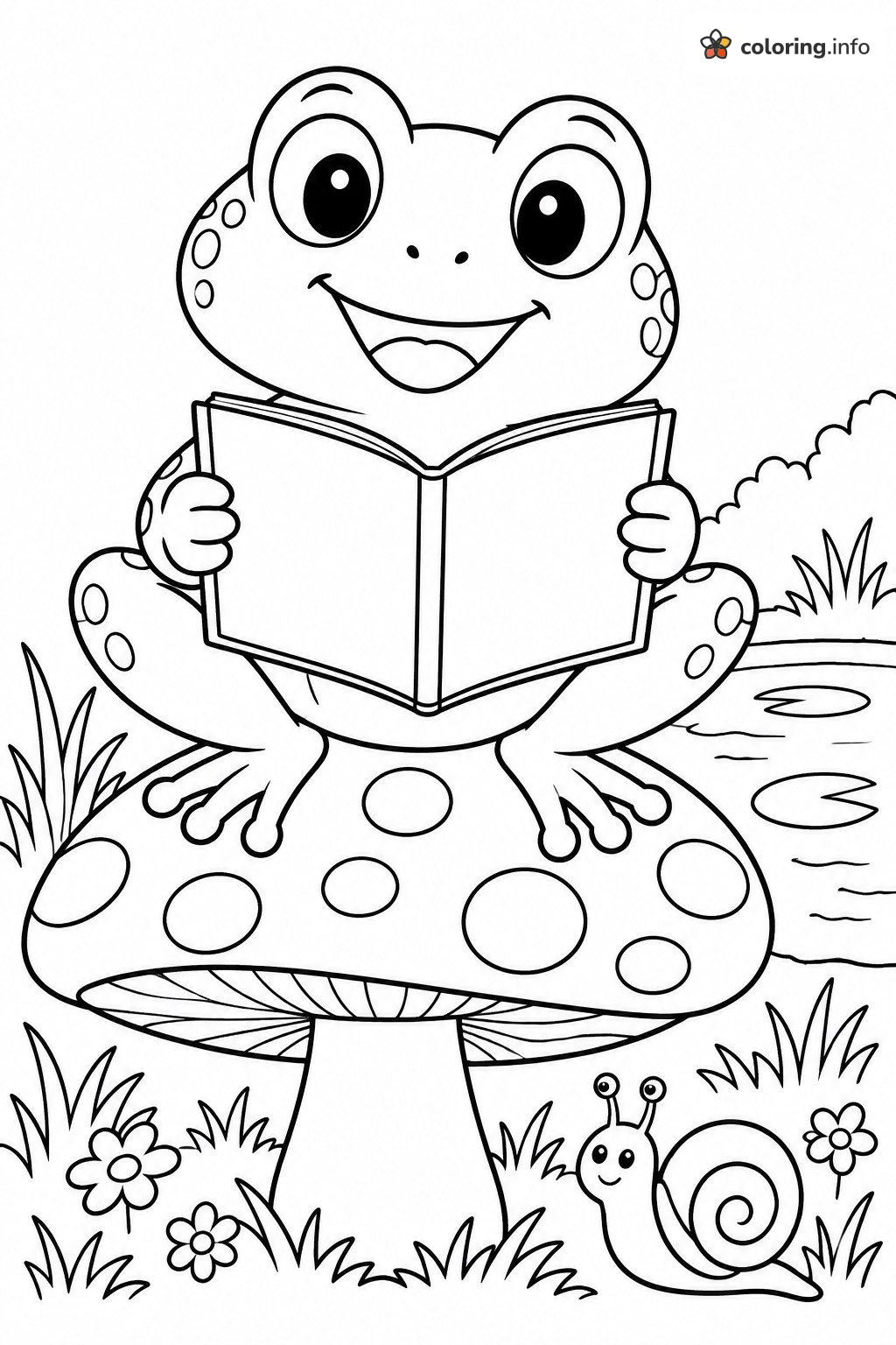 Storytime Frog Reading on a Big Spotted Mushroom coloring page Storytime Frog Reading on a Big Spotted Mushroom coloring page