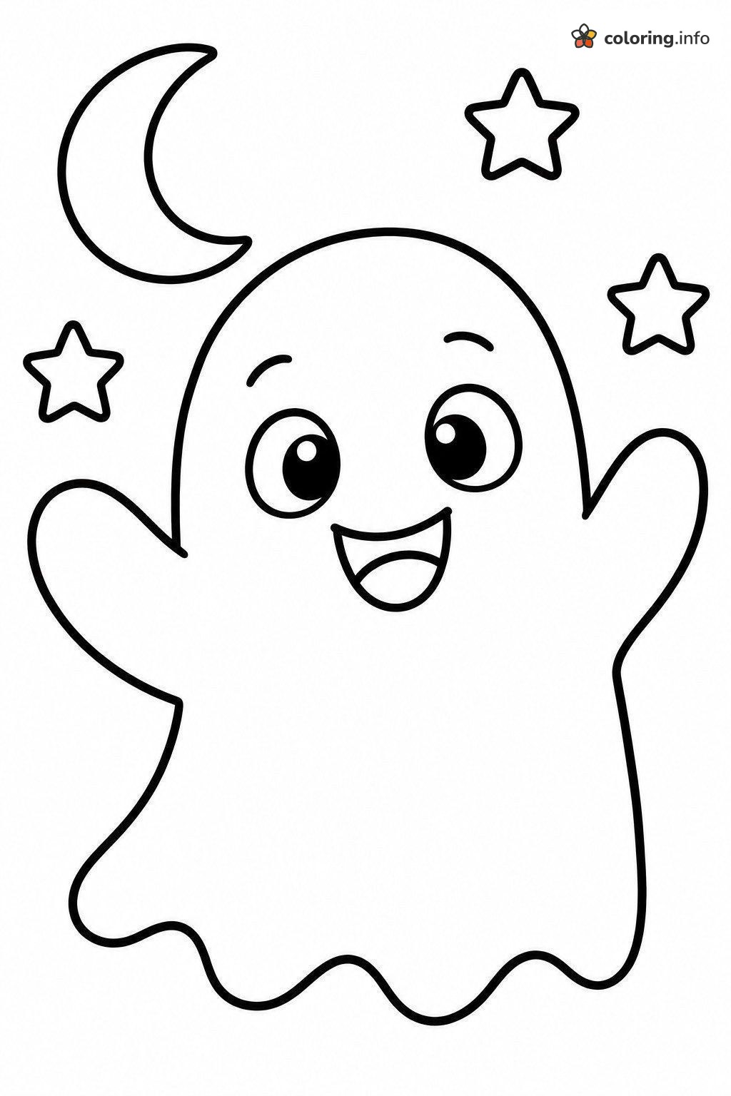 Waving Ghost Emoji Under a Crescent Moon coloring sheet Waving Ghost Emoji Under a Crescent Moon coloring sheet