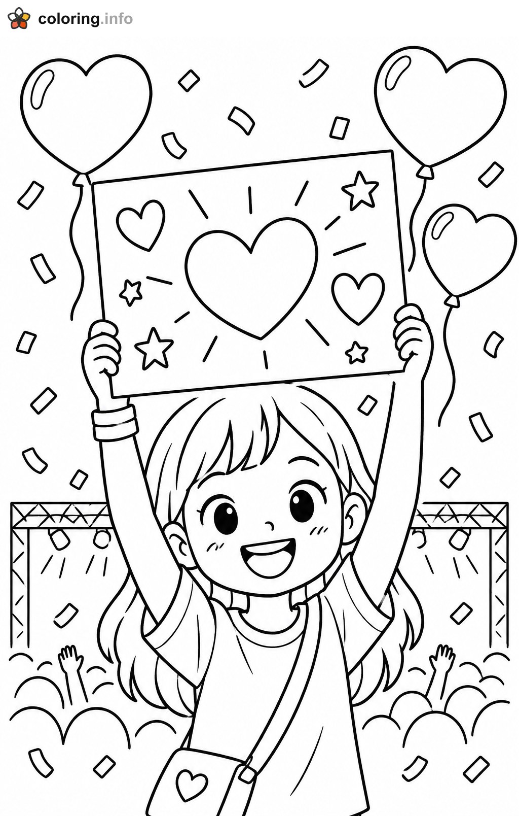 Happy Girl Holding Heart Sign at Concert coloring page Happy Girl Holding Heart Sign at Concert coloring page