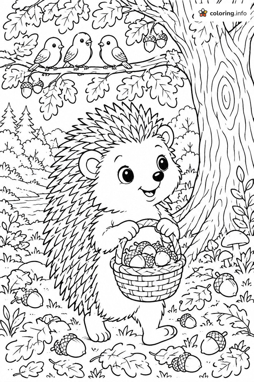 Acorn Basket Walk With a Happy Forest Hedgehog coloring page Acorn Basket Walk With a Happy Forest Hedgehog coloring page