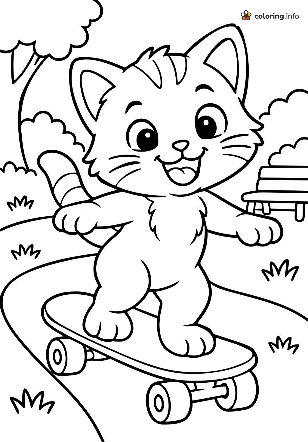 Skateboarding Kitten in the Park, Dog Man Printable coloring page Skateboarding Kitten in the Park, Dog Man Printable coloring page