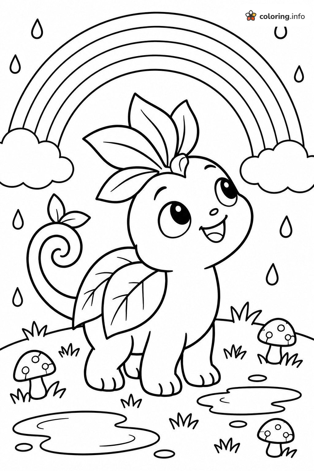 Rainbow and Puddles With a Little Bulbasaur-Style Leafy Creature coloring page Rainbow and Puddles With a Little Bulbasaur-Style Leafy Creature coloring page