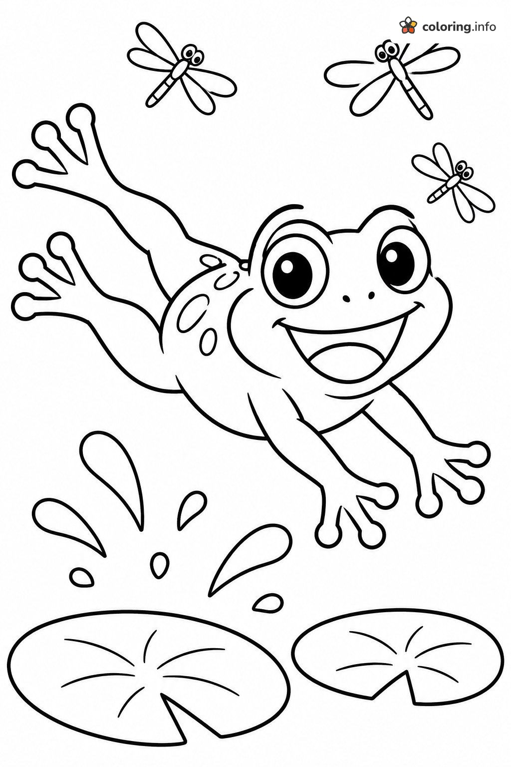 Leaping Frog and Three Dragonflies Above the Lily Pads coloring page Leaping Frog and Three Dragonflies Above the Lily Pads coloring page