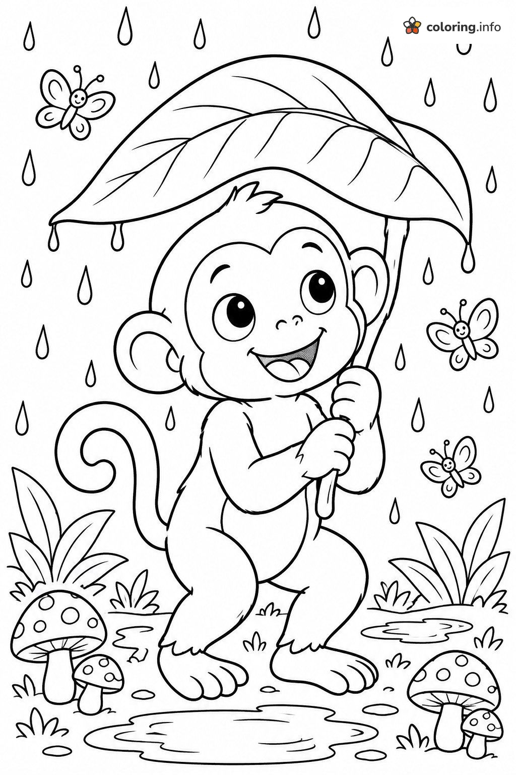 Rainy Day Monkey with a Leaf Umbrella coloring page Rainy Day Monkey with a Leaf Umbrella coloring page