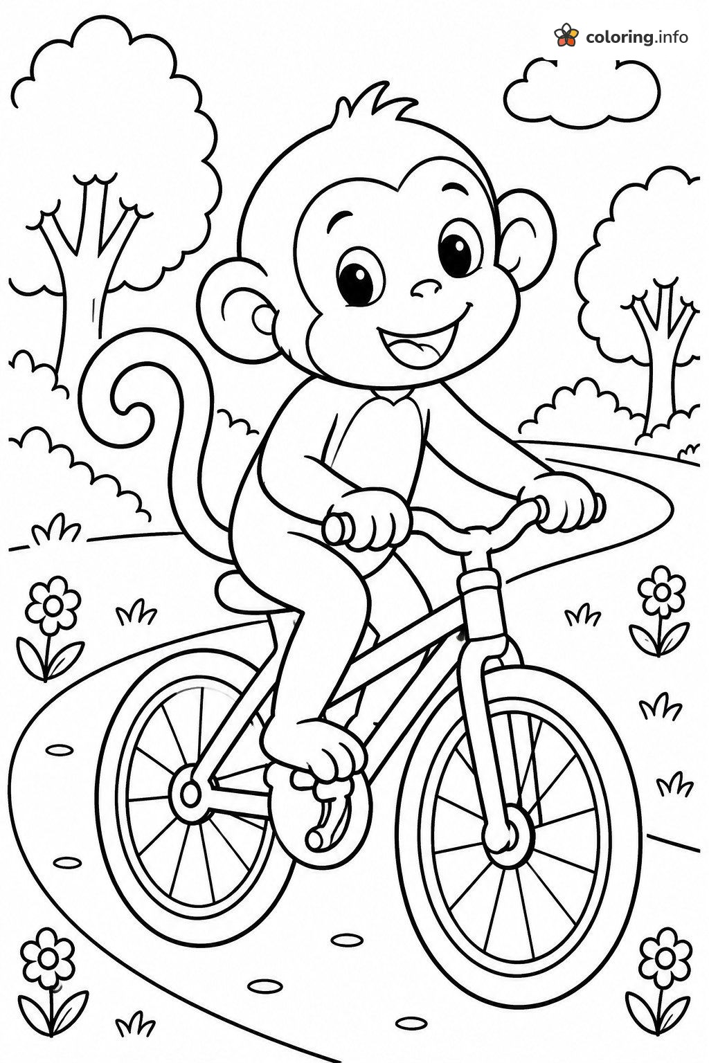 Bicycle-Riding Monkey on a Winding Park Path coloring page Bicycle-Riding Monkey on a Winding Park Path coloring page