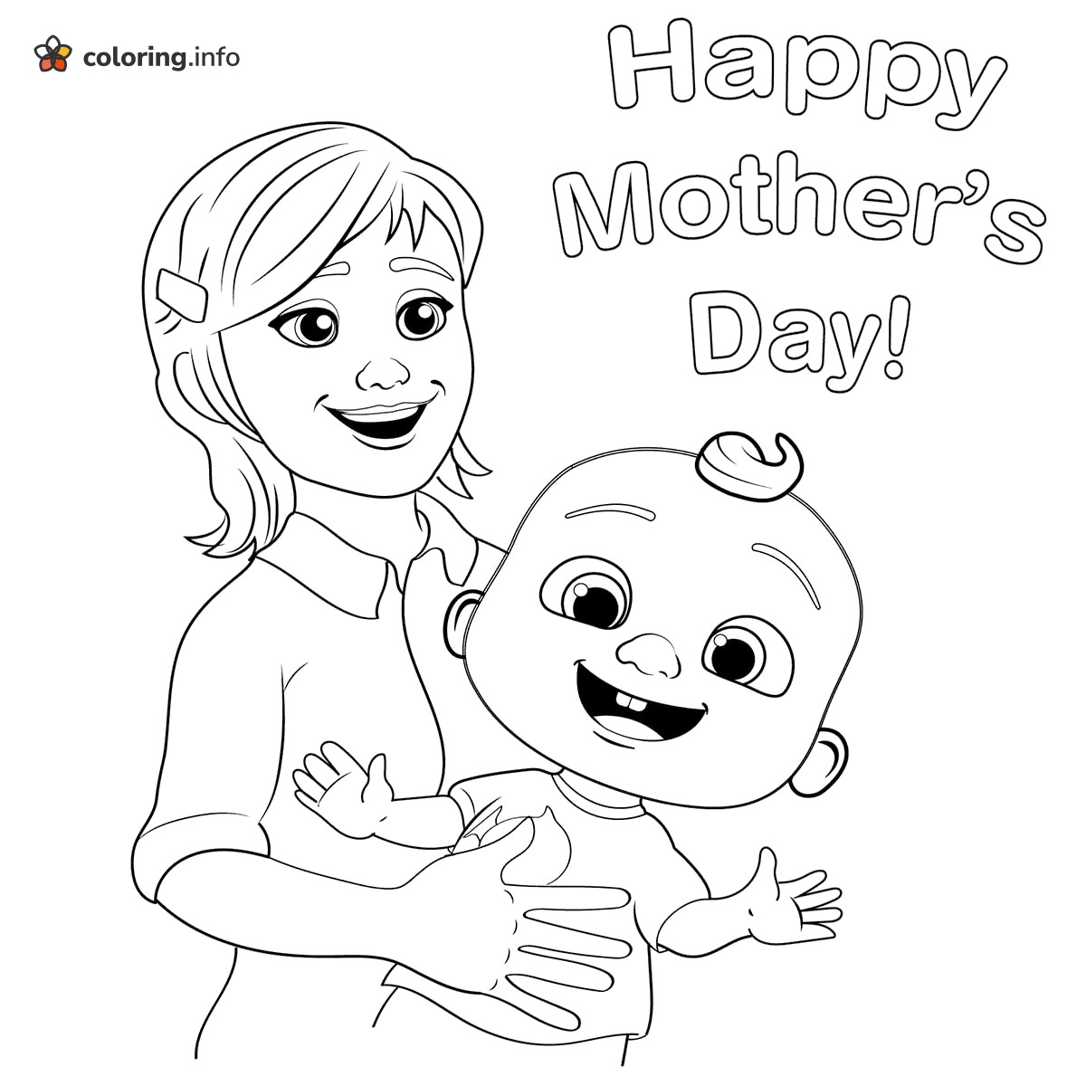Mother's Day Mom Holding Baby JJ, CoComelon Card Page printable coloring page Mother's Day Mom Holding Baby JJ, CoComelon Card Page printable coloring page