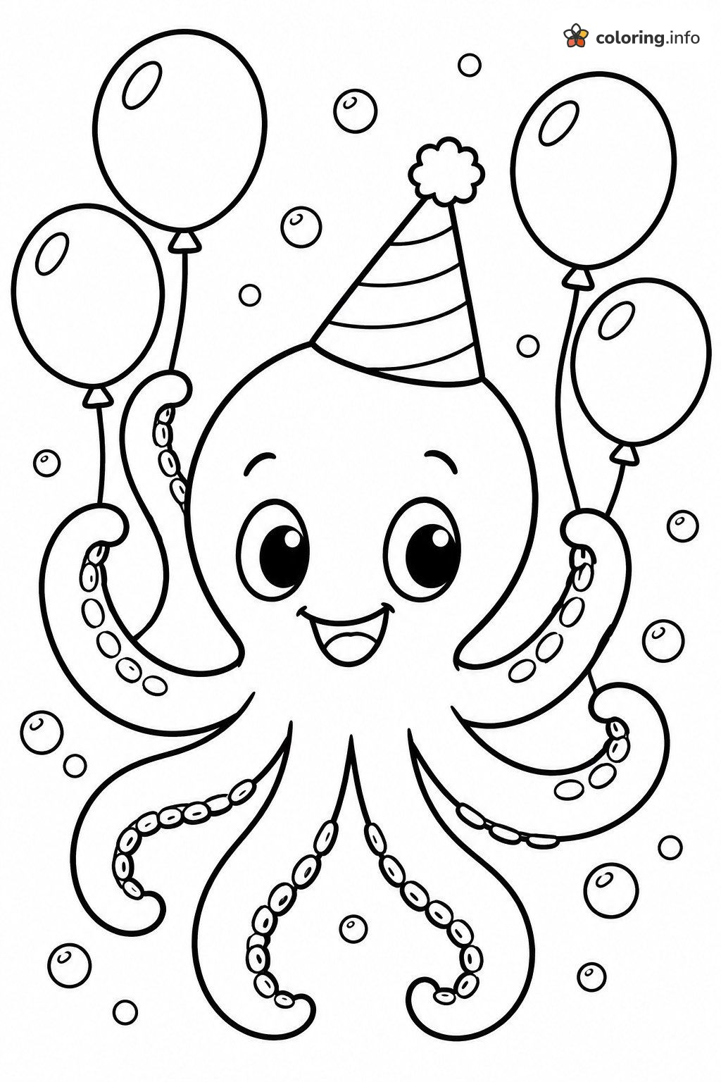 Party Octopus With Balloons and a Striped Hat coloring page Party Octopus With Balloons and a Striped Hat coloring page