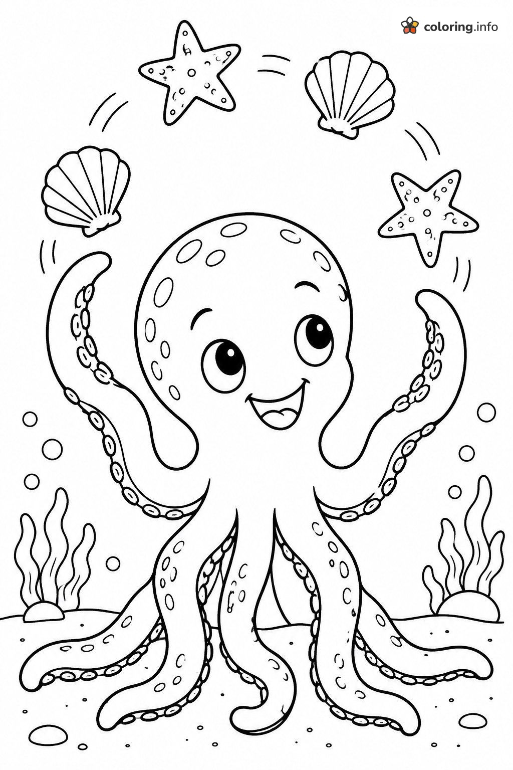 Juggling Octopus With Starfish and Seashells coloring page Juggling Octopus With Starfish and Seashells coloring page