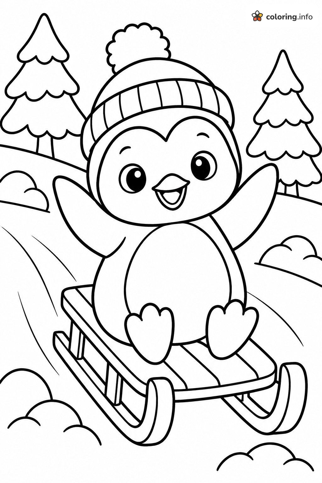Sledding Pororo Penguin in a Pom-Pom Beanie printable coloring page Sledding Pororo Penguin in a Pom-Pom Beanie printable coloring page