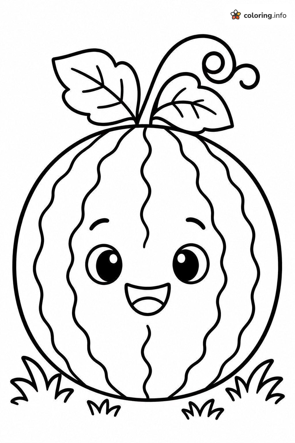 Round Watermelon Face with Leaves and a Curly Vine printable coloring page Round Watermelon Face with Leaves and a Curly Vine printable coloring page