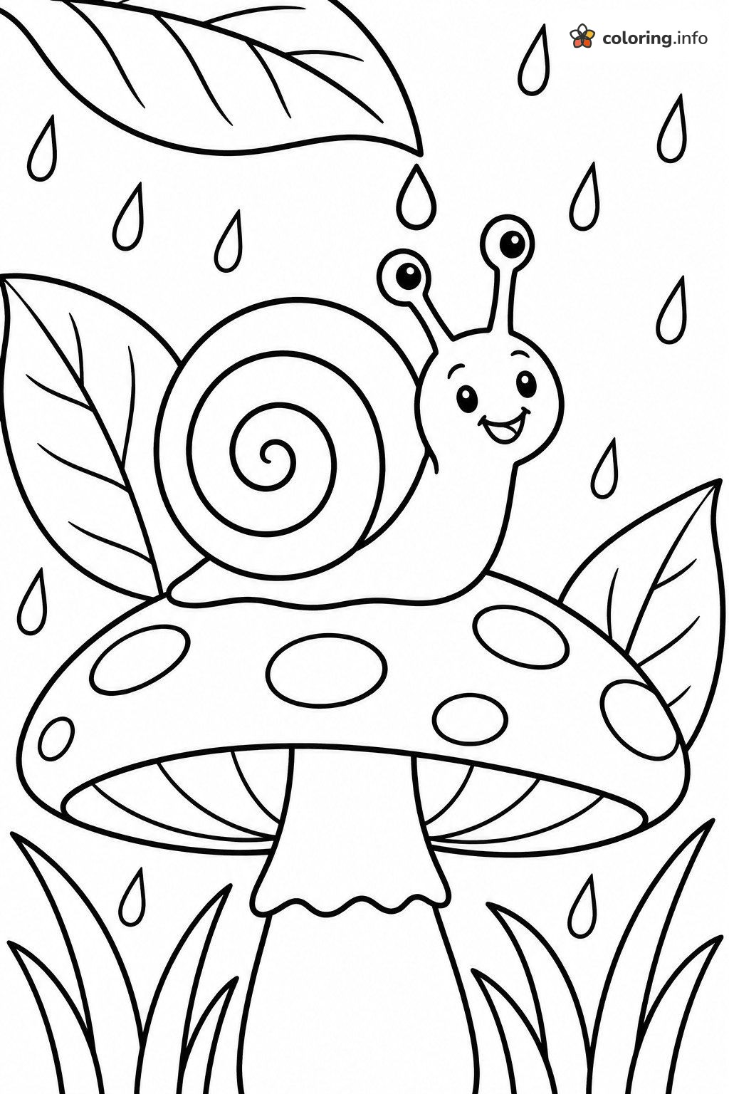 Snail on a Mushroom in Spring Rain coloring page Snail on a Mushroom in Spring Rain coloring page