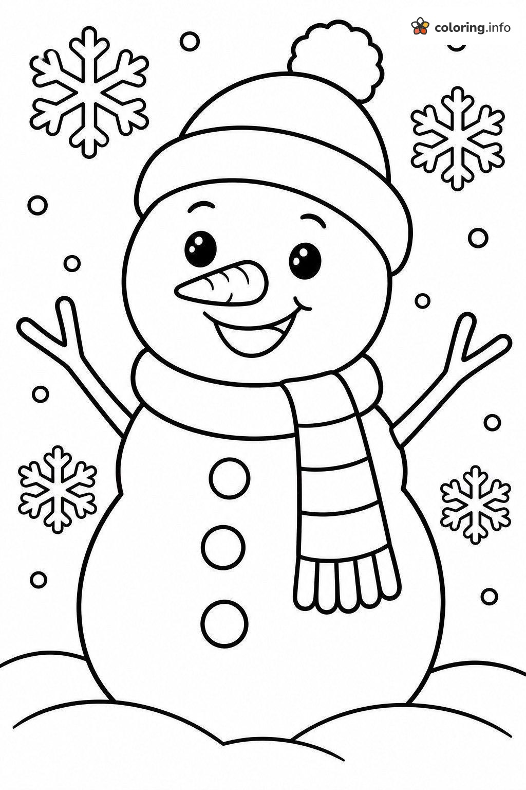 Waving Snowman Surrounded by Falling Snowflakes coloring page Waving Snowman Surrounded by Falling Snowflakes coloring page