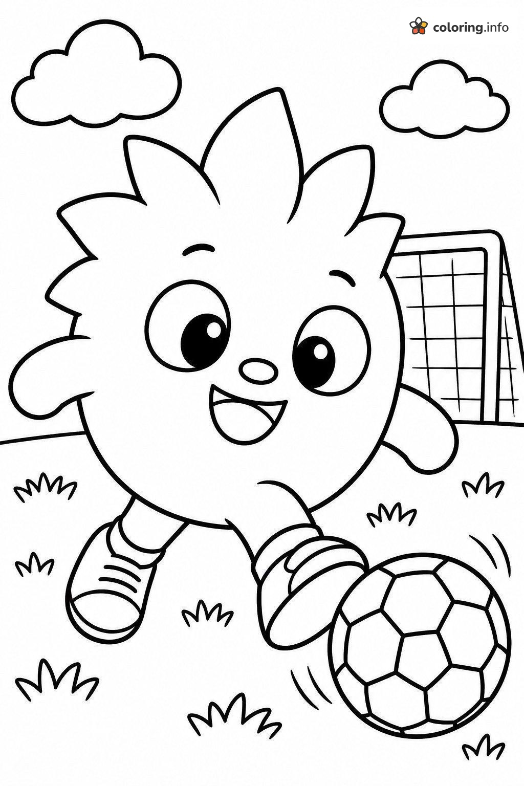 Spiky-Tufted Oddbods Character Kicking a Soccer Ball coloring page Spiky-Tufted Oddbods Character Kicking a Soccer Ball coloring page