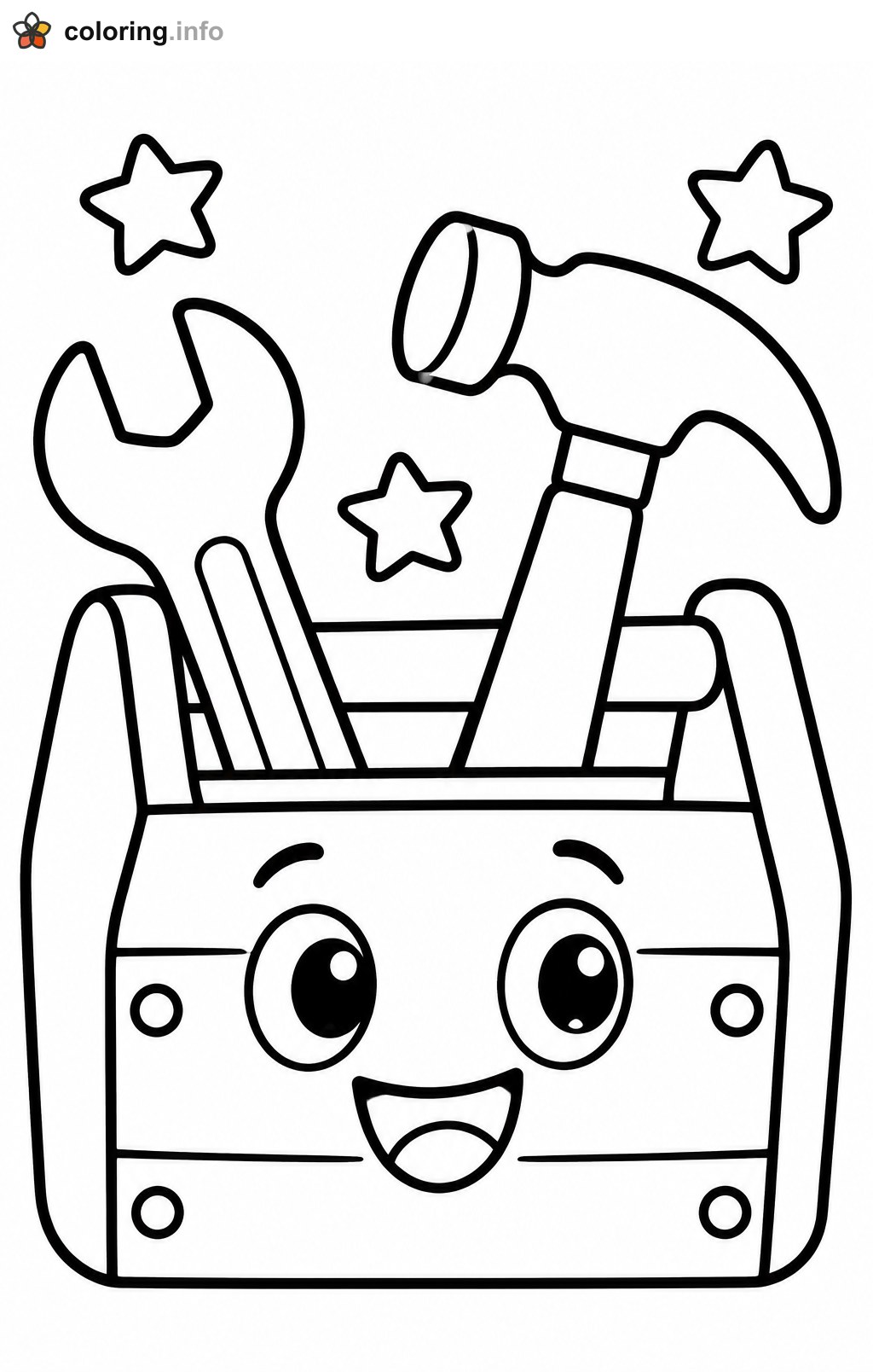 Happy Toolbox With Hammer, Wrench and Stars coloring sheet Happy Toolbox With Hammer, Wrench and Stars coloring sheet