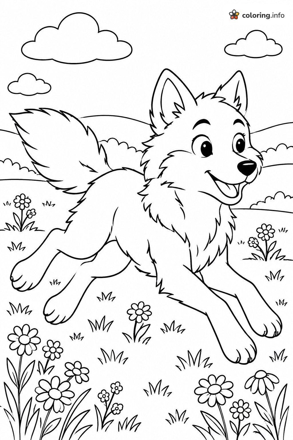Wolves Coloring Page: Happy Pup Bounding Through a Daisy Meadow coloring sheet Wolves Coloring Page: Happy Pup Bounding Through a Daisy Meadow coloring sheet