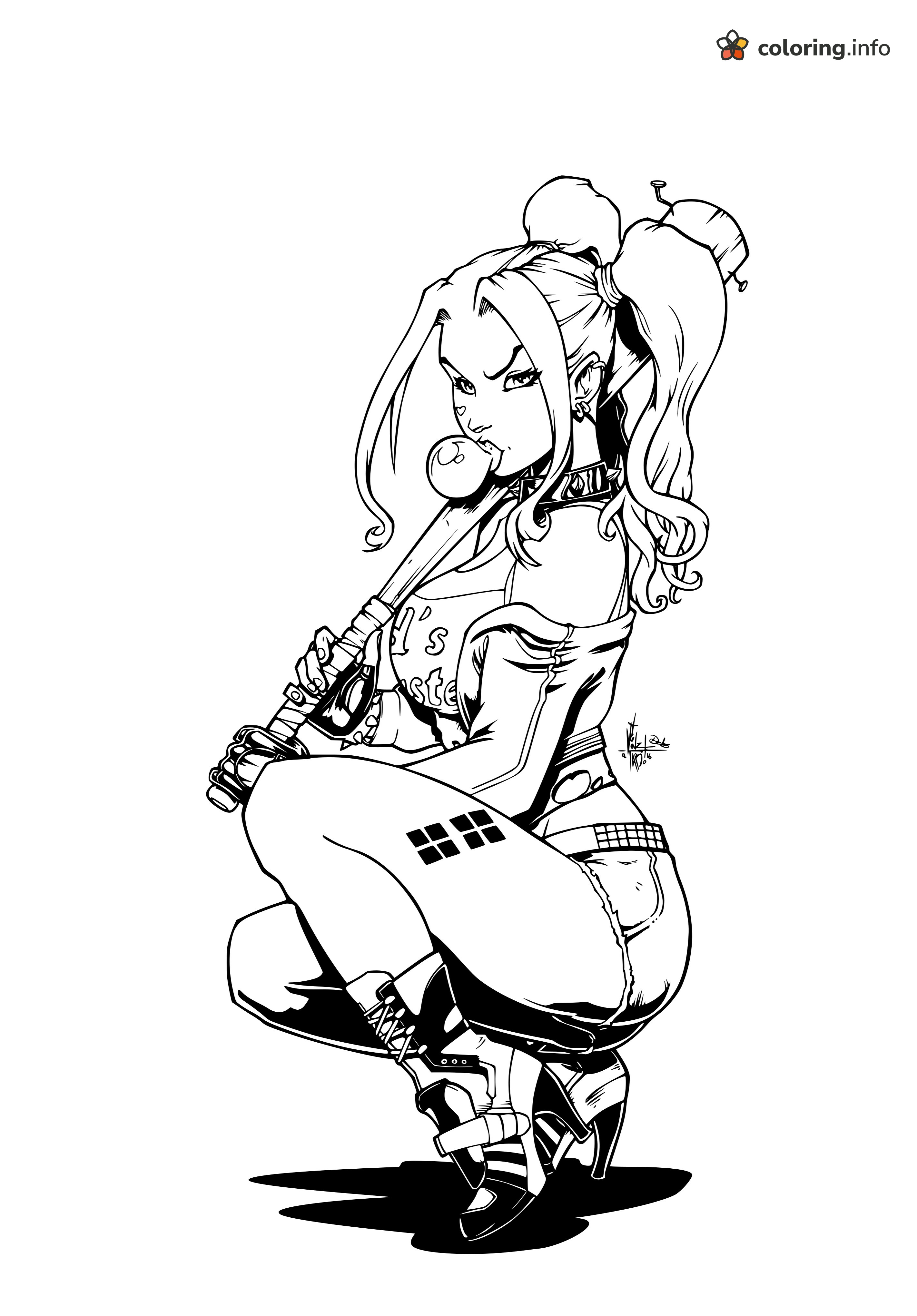 Crouching Harley Quinn Blowing Bubblegum coloring page Crouching Harley Quinn Blowing Bubblegum coloring page