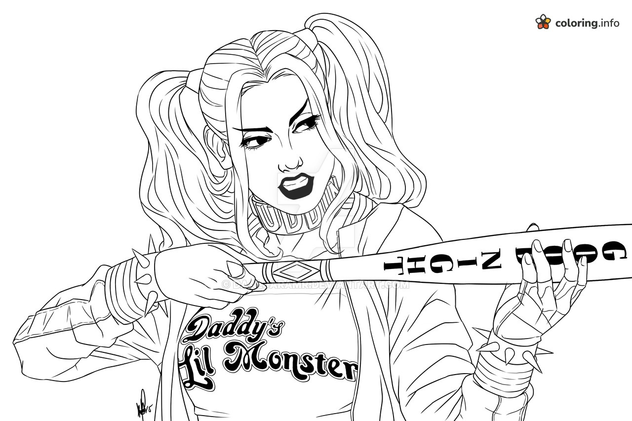 Good Night Bat Harley Quinn in Wavy Pigtails coloring page Good Night Bat Harley Quinn in Wavy Pigtails coloring page