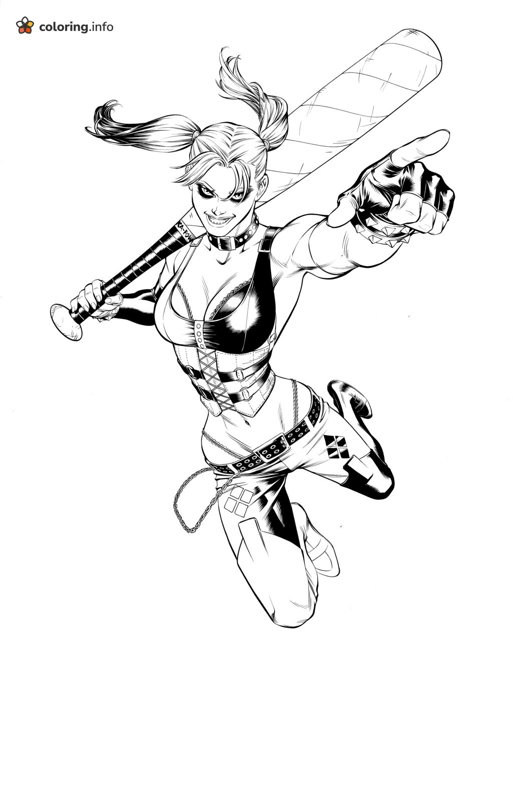 Leaping Harley Quinn Pointing With Spiral Baseball Bat printable coloring page Leaping Harley Quinn Pointing With Spiral Baseball Bat printable coloring page