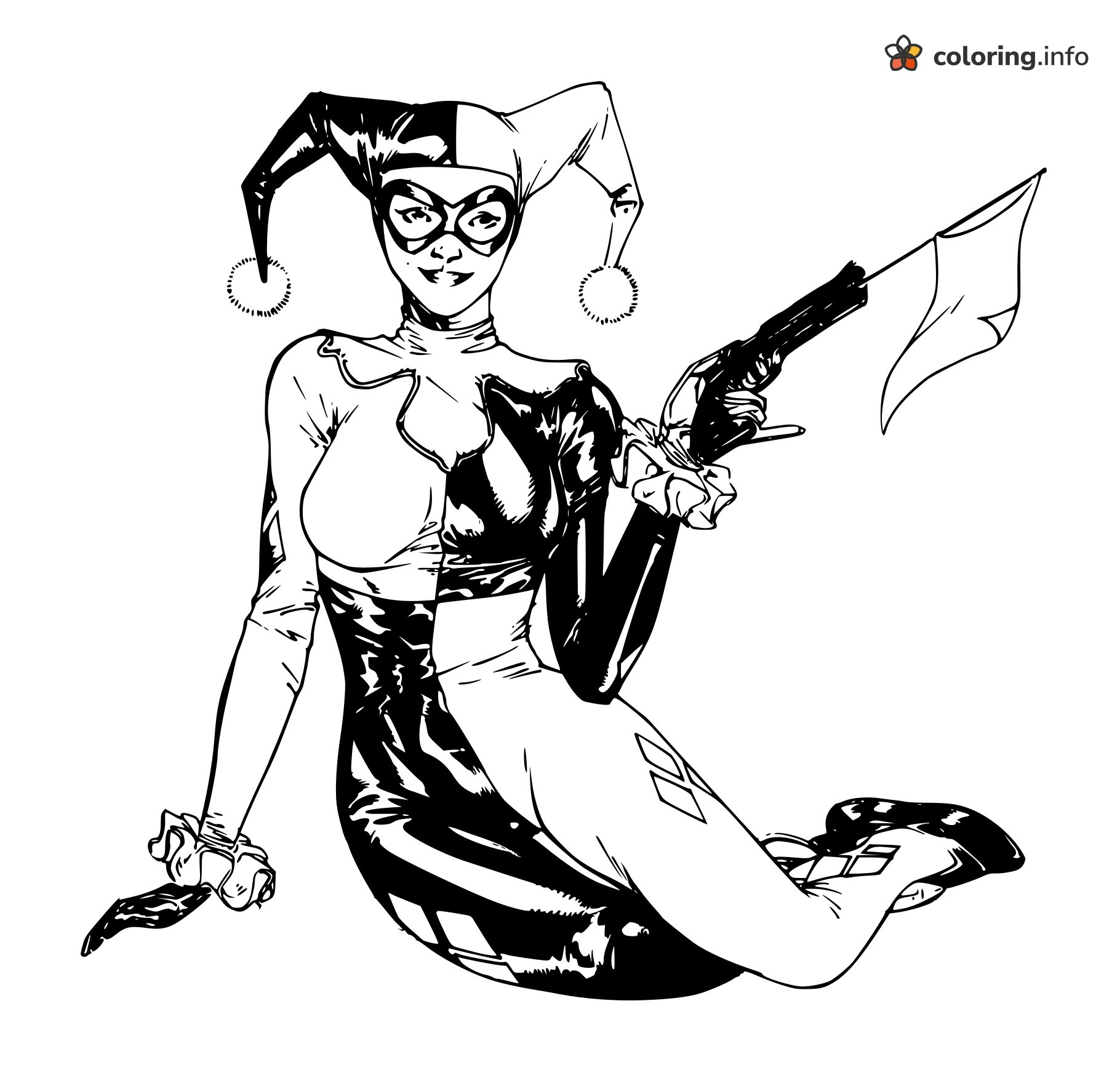 Harley Quinn Lounging With a Flag Pistol coloring sheet Harley Quinn Lounging With a Flag Pistol coloring sheet