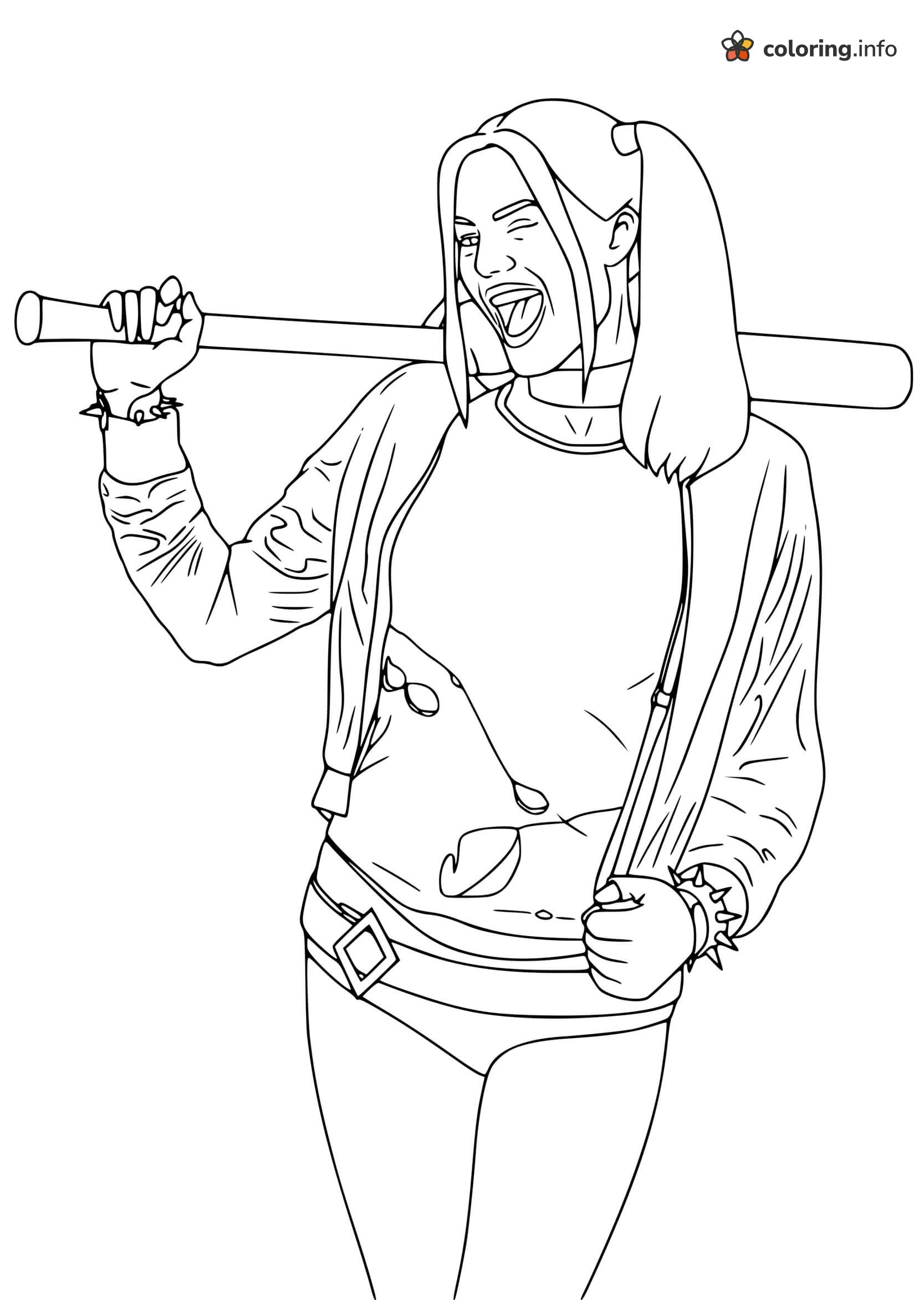 Winking Harley Quinn Resting Bat on Her Shoulders printable coloring page Winking Harley Quinn Resting Bat on Her Shoulders printable coloring page
