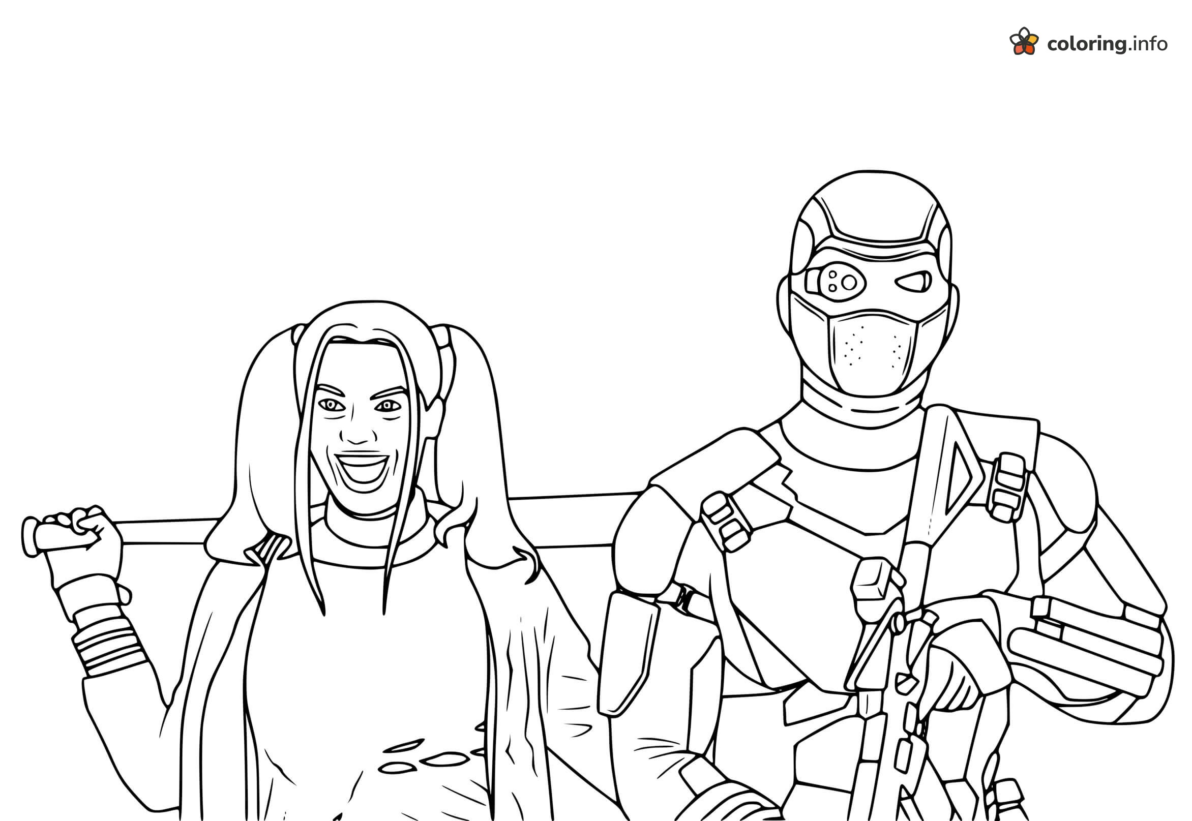 Harley Quinn Beside a Masked Armored Soldier coloring page Harley Quinn Beside a Masked Armored Soldier coloring page