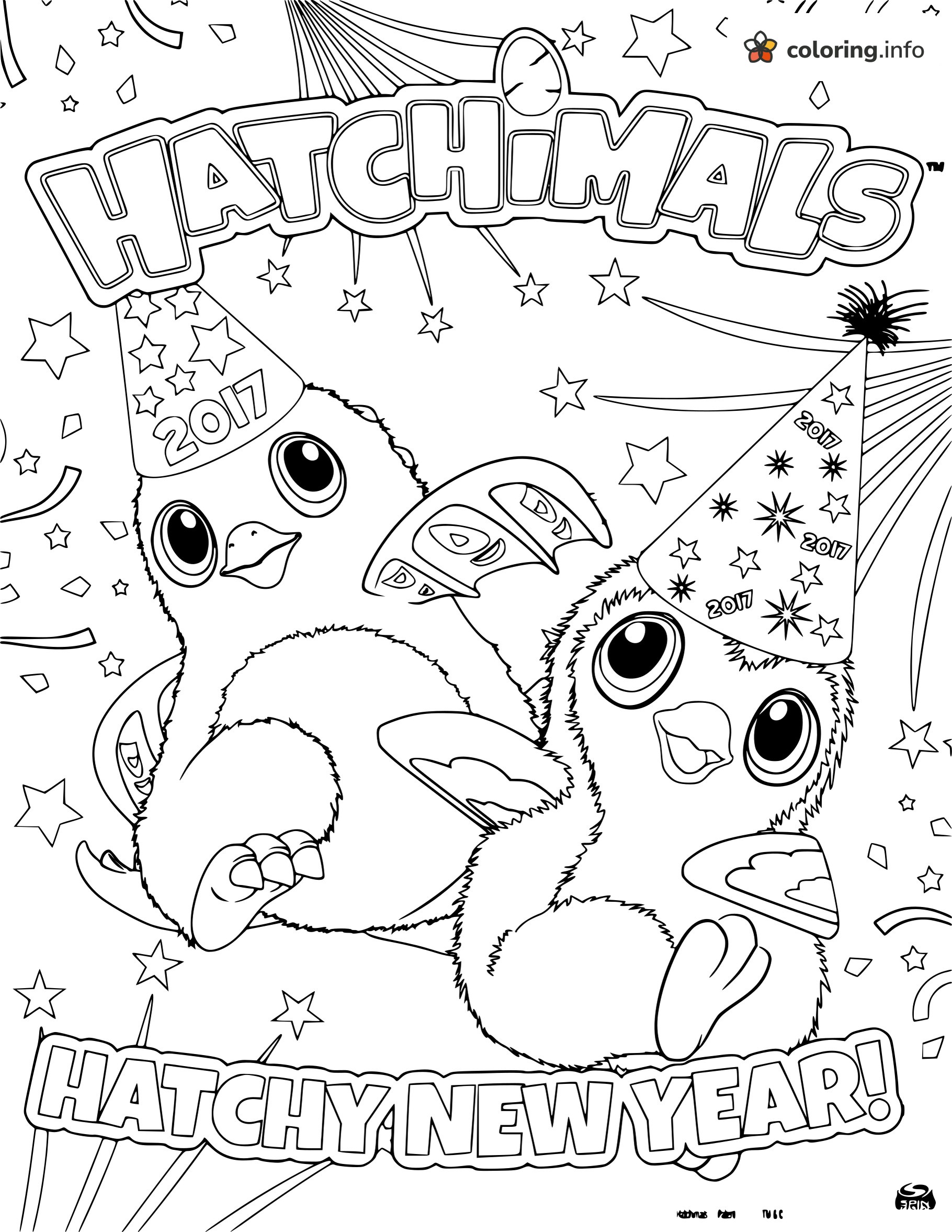 Two Party-Hat Hatchimals Ringing in 2017 coloring page Two Party-Hat Hatchimals Ringing in 2017 coloring page