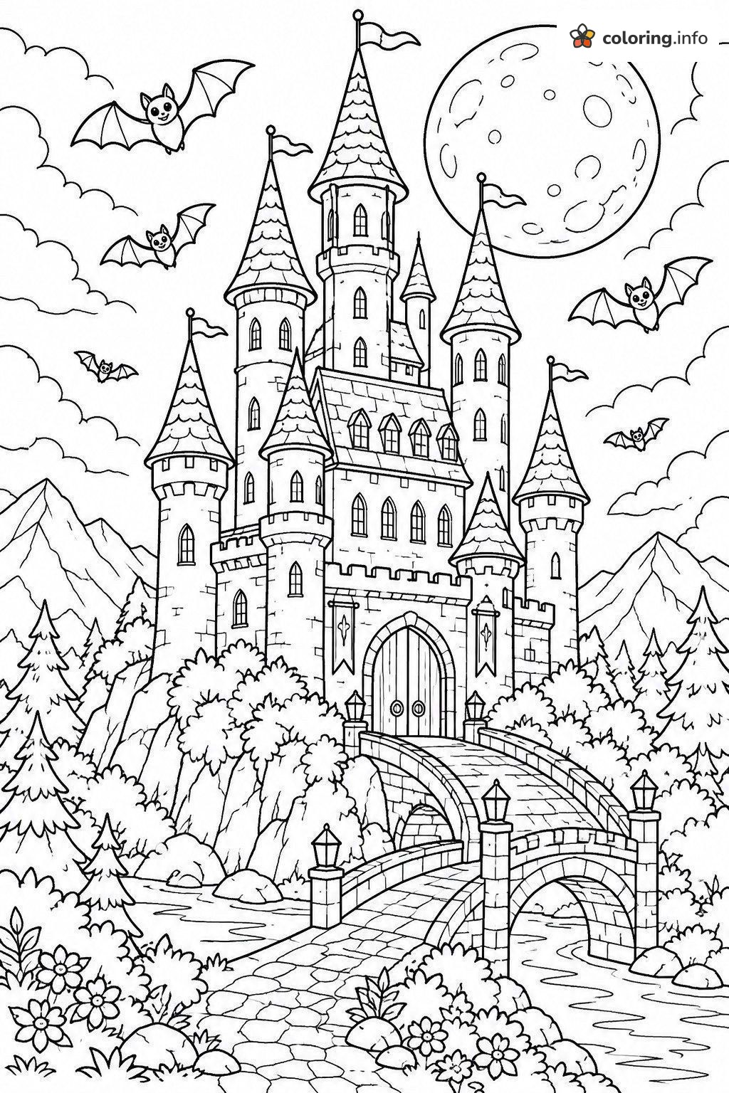 Spooky Halloween Castle on a Hill Under a Full Moon coloring sheet Spooky Halloween Castle on a Hill Under a Full Moon coloring sheet