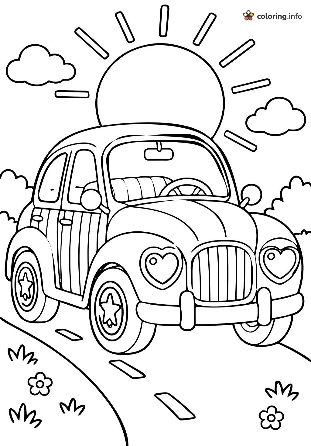 Romero Britto Style Vintage Car with Heart Headlights and a Big Sun coloring page Romero Britto Style Vintage Car with Heart Headlights and a Big Sun coloring page