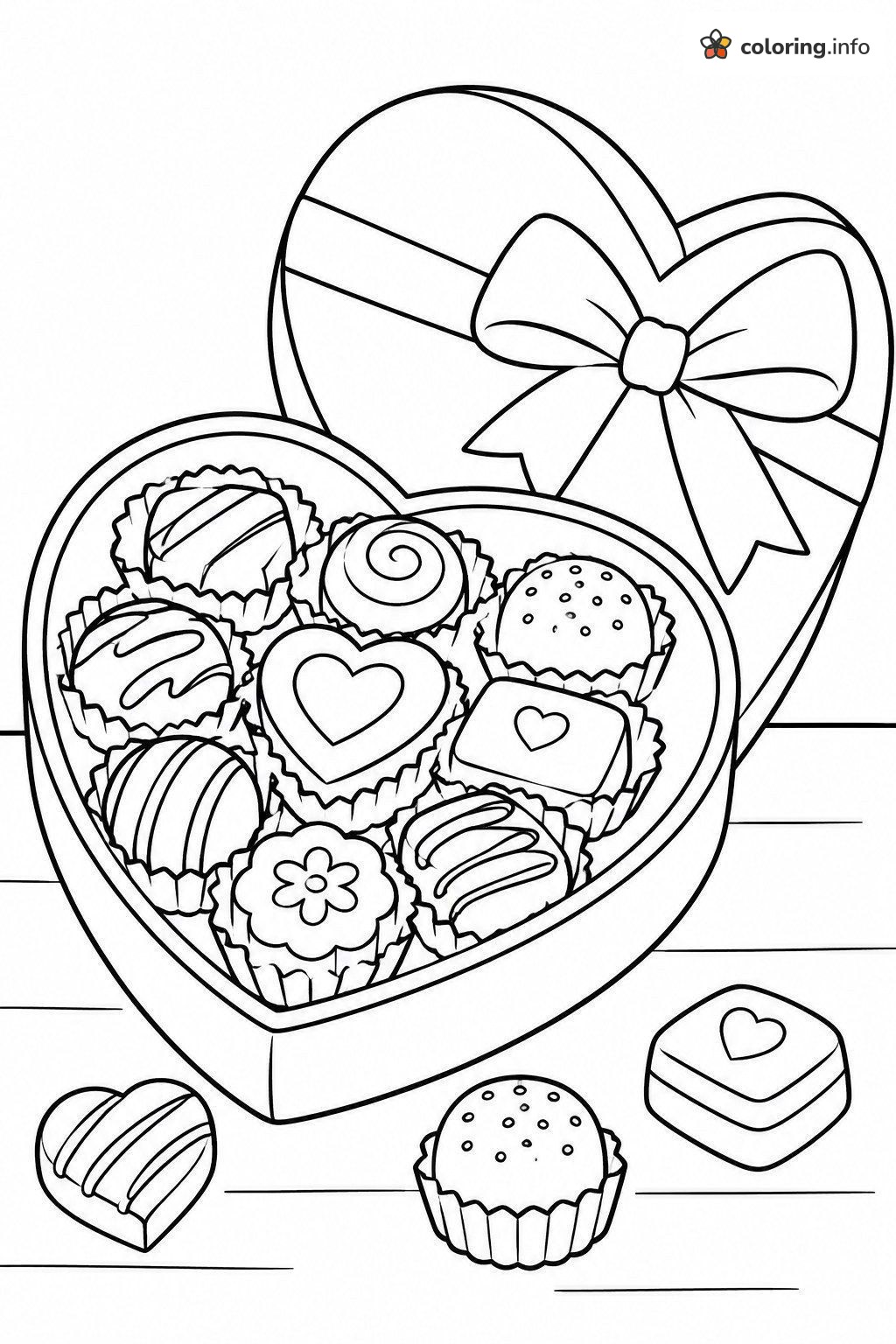 Valentine Chocolates in a Heart Box coloring sheet Valentine Chocolates in a Heart Box coloring sheet