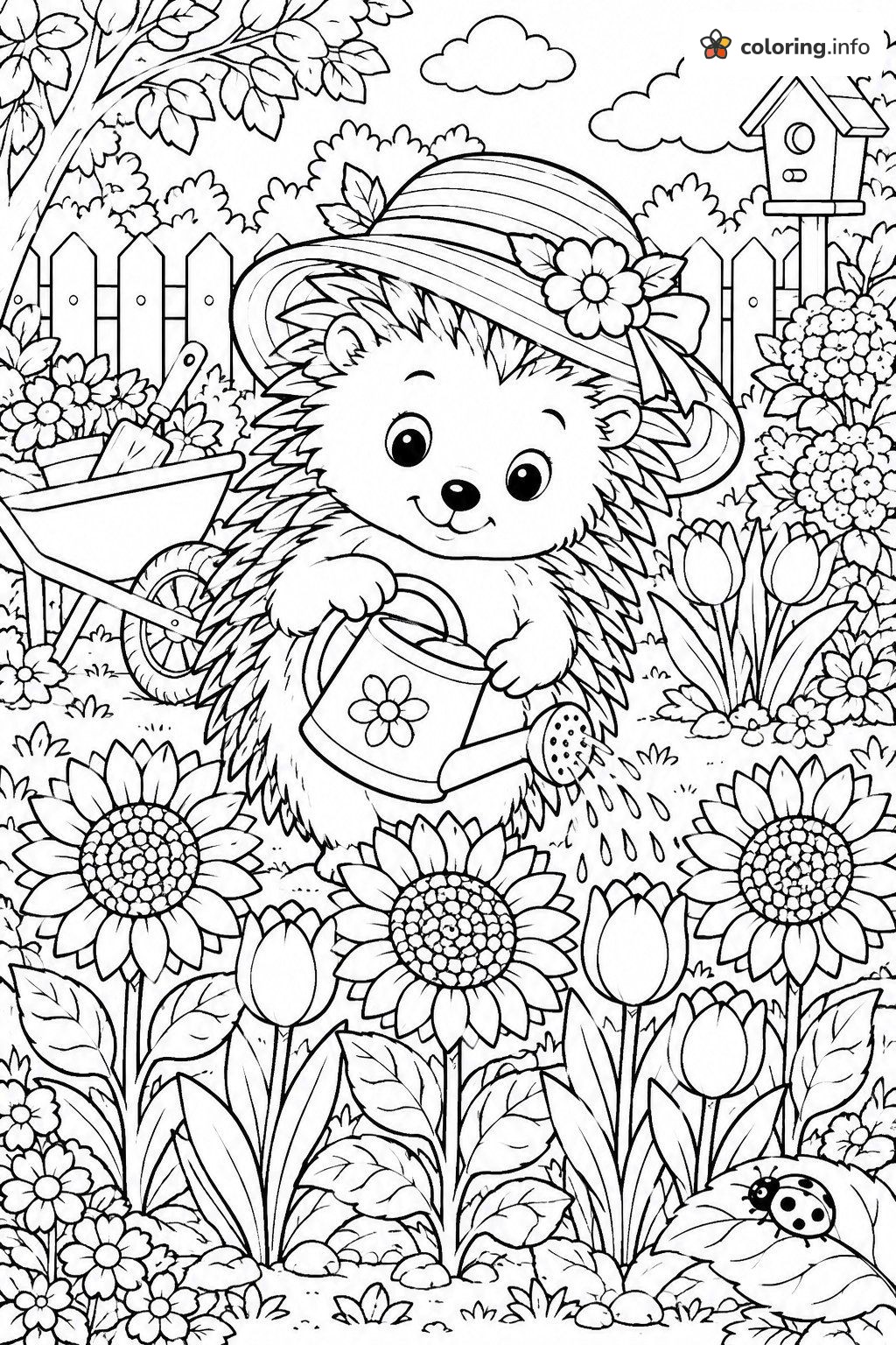 Gardening Hedgehog in a Sun Hat, Draw So Cute style printable coloring page Gardening Hedgehog in a Sun Hat, Draw So Cute style printable coloring page