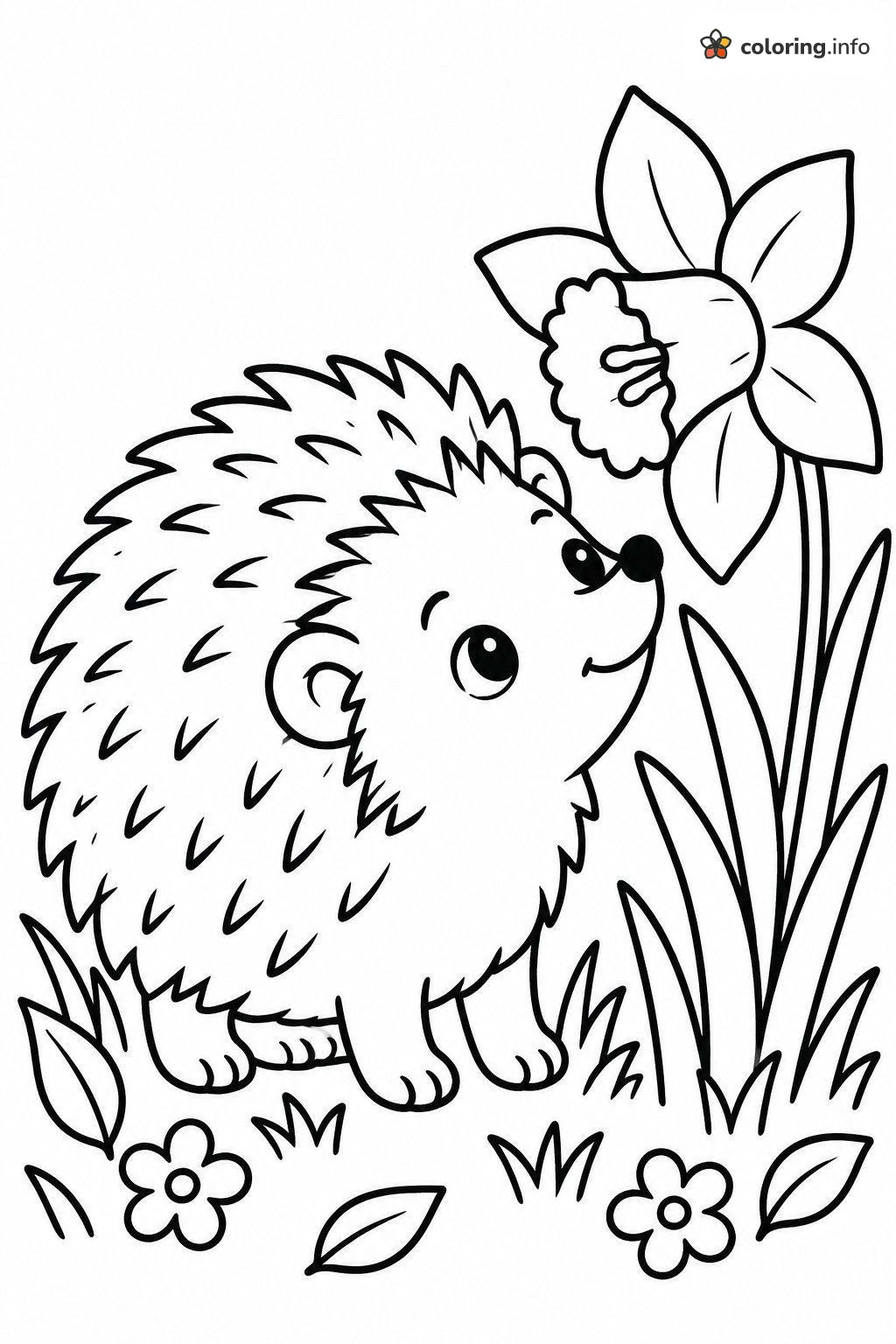 Hedgehog Sniffing a Spring Daffodil coloring page Hedgehog Sniffing a Spring Daffodil coloring page