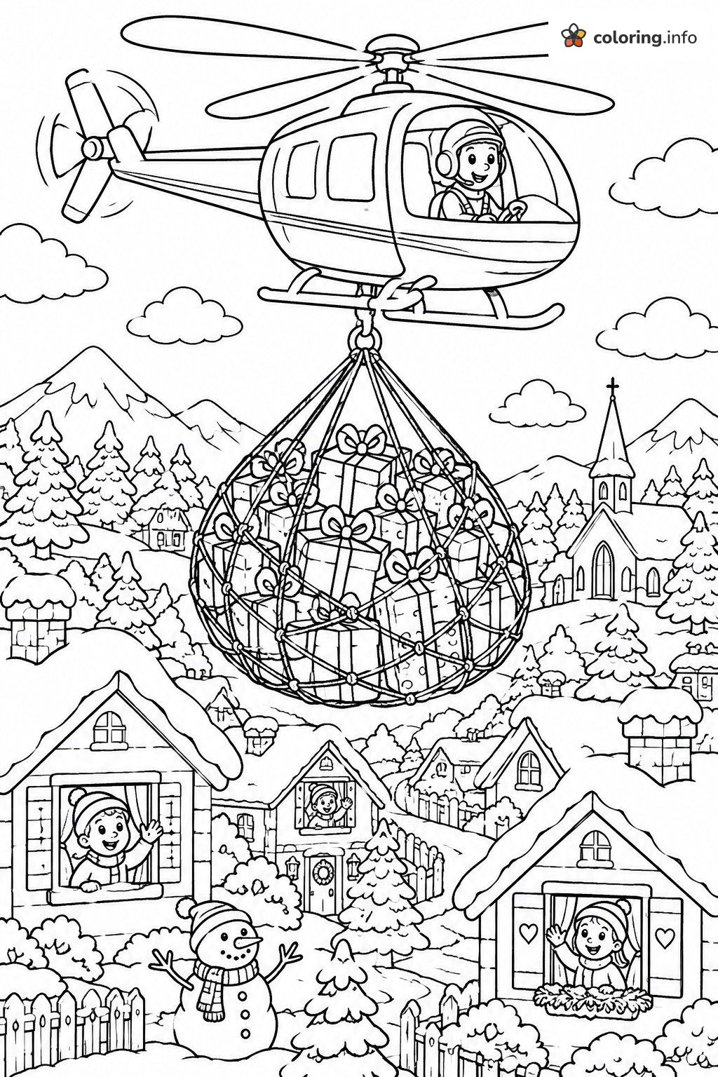Snowy Village Gift Delivery by Helicopter coloring page Snowy Village Gift Delivery by Helicopter coloring page