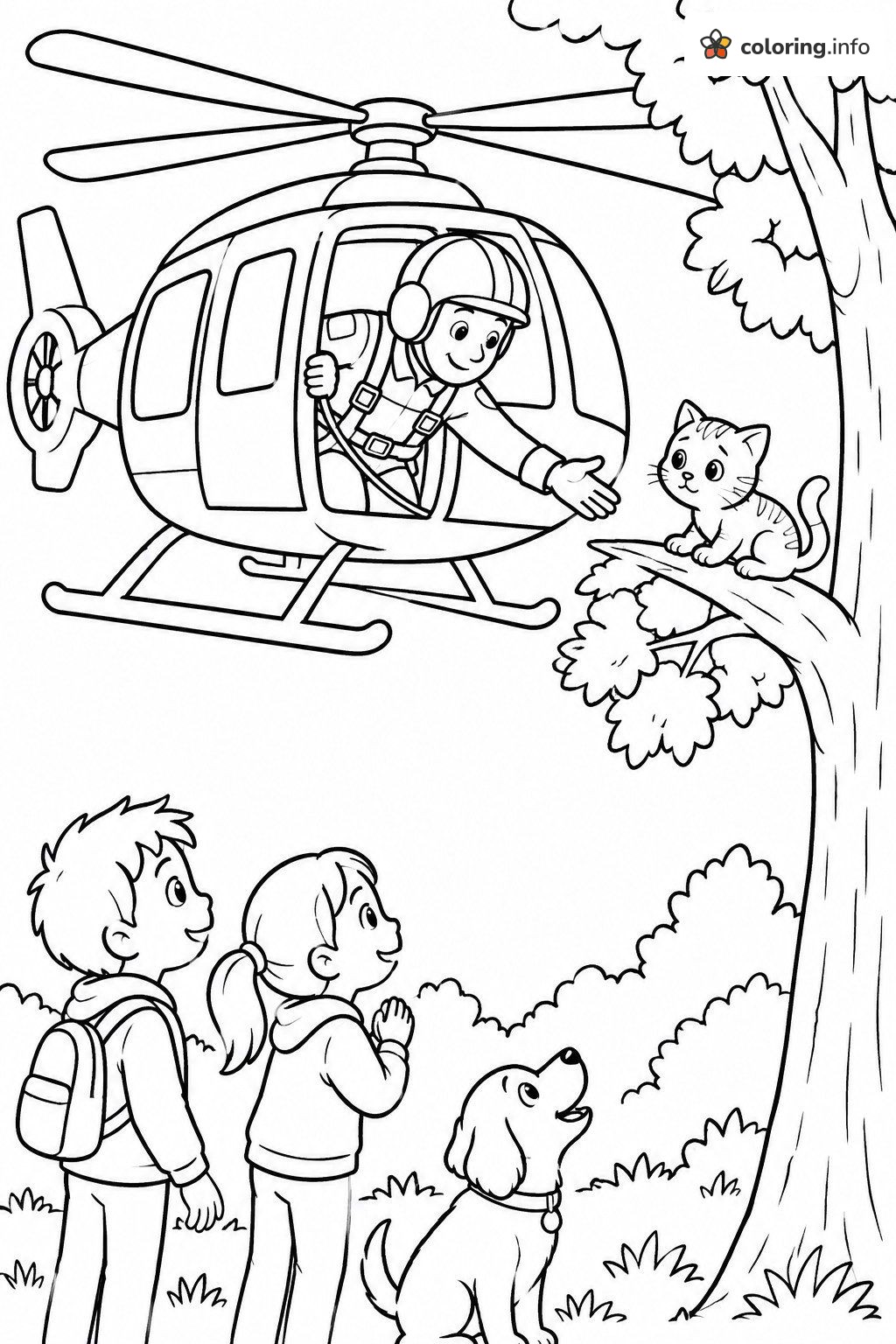 Kitten Rescue by Helicopter Pilot from a Tree coloring sheet Kitten Rescue by Helicopter Pilot from a Tree coloring sheet