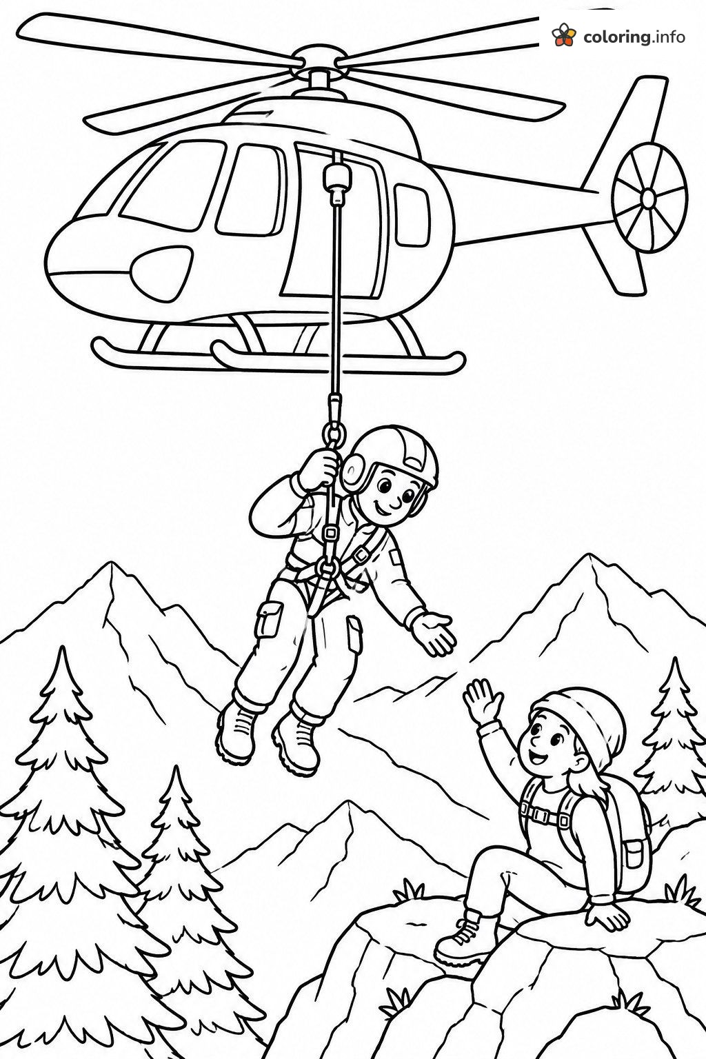 Rescue Helicopter Lowering Rope to Waving Hiker coloring page Rescue Helicopter Lowering Rope to Waving Hiker coloring page
