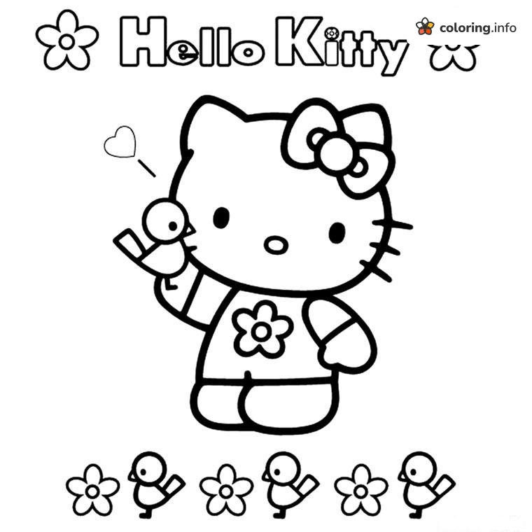 Little Bird and Flowers with Hello Kitty coloring sheet Little Bird and Flowers with Hello Kitty coloring sheet