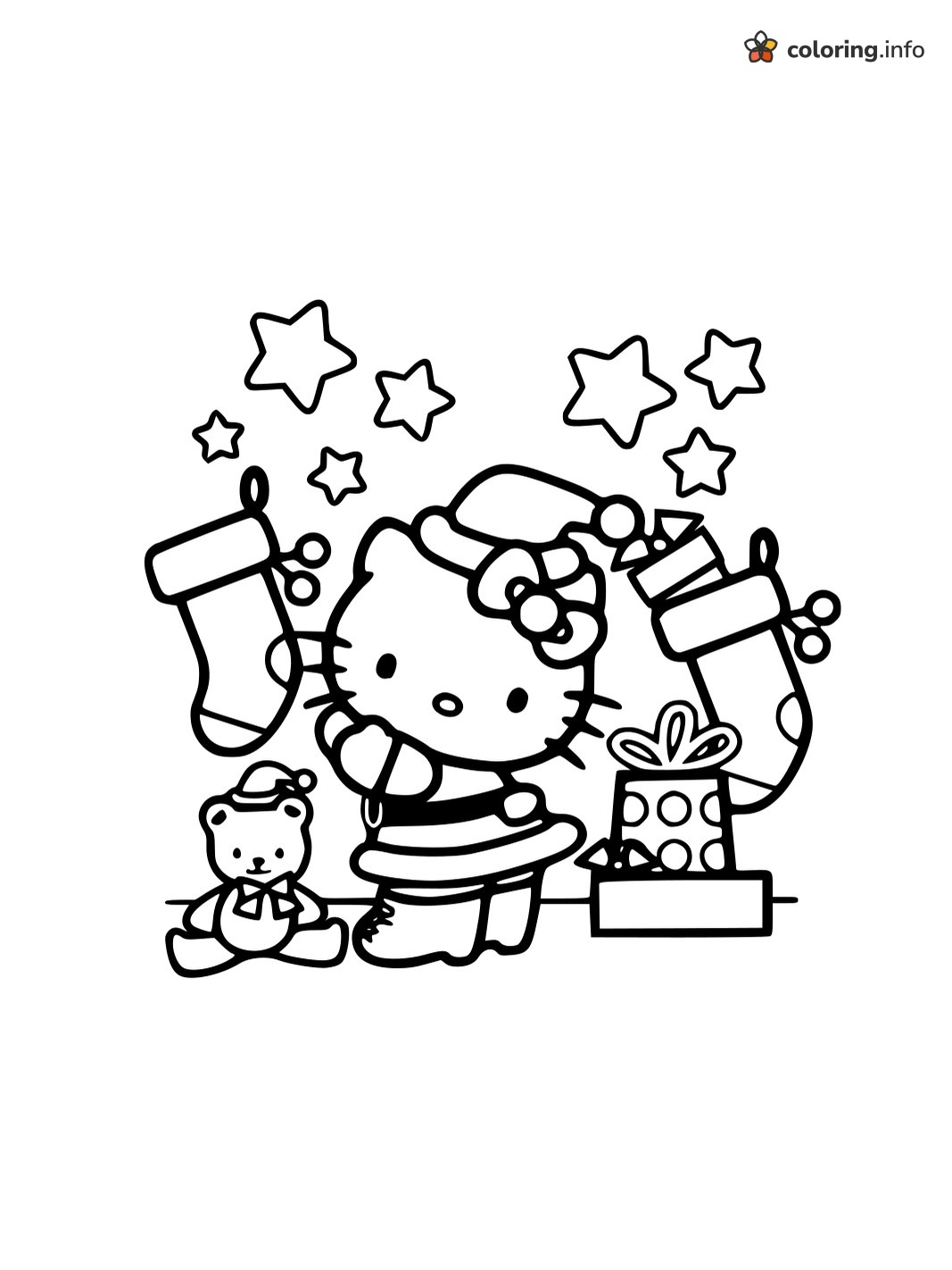 Hello Kitty Dressed as Santa with Stockings and Teddy Bear coloring page Hello Kitty Dressed as Santa with Stockings and Teddy Bear coloring page