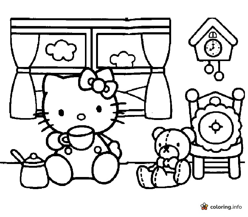 Teddy Bear Tea Party with Hello Kitty by the Window printable coloring page Teddy Bear Tea Party with Hello Kitty by the Window printable coloring page