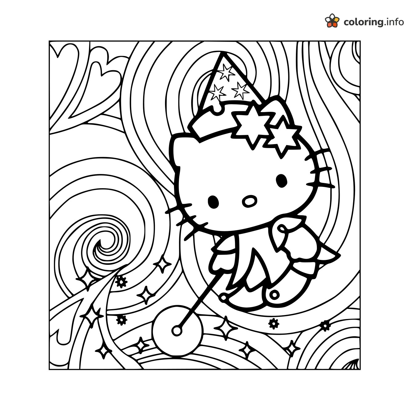 Magic Wand Wizard Hello Kitty with Star Hat printable coloring page Magic Wand Wizard Hello Kitty with Star Hat printable coloring page