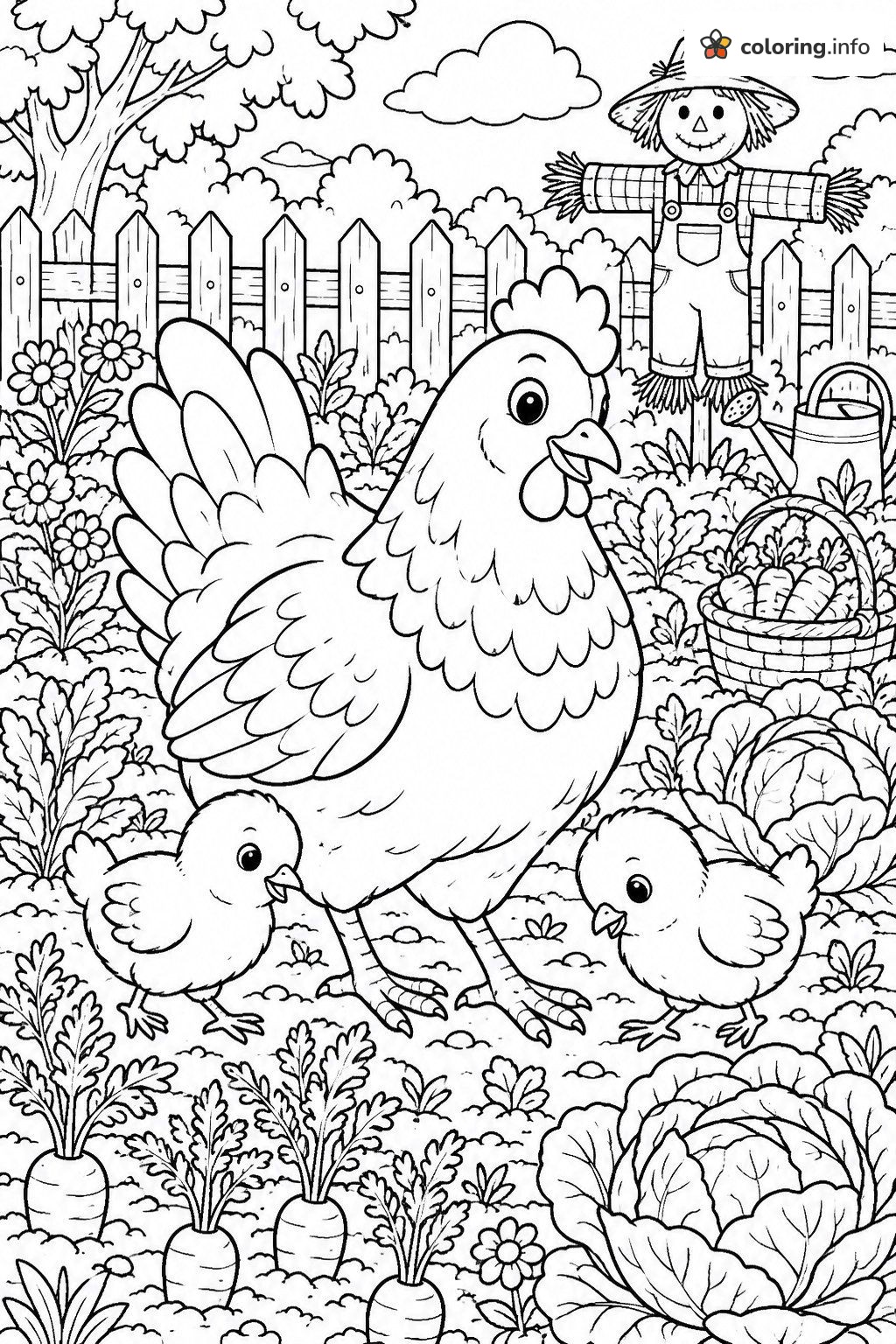 Garden Chicken Family with a Scarecrow and Carrots coloring page Garden Chicken Family with a Scarecrow and Carrots coloring page