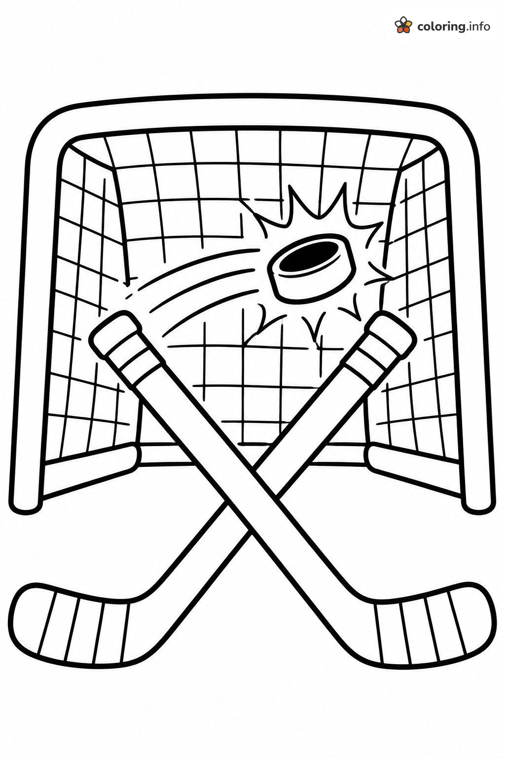 Hockey Puck Flying Into the Net With Crossed Sticks printable coloring page Hockey Puck Flying Into the Net With Crossed Sticks printable coloring page