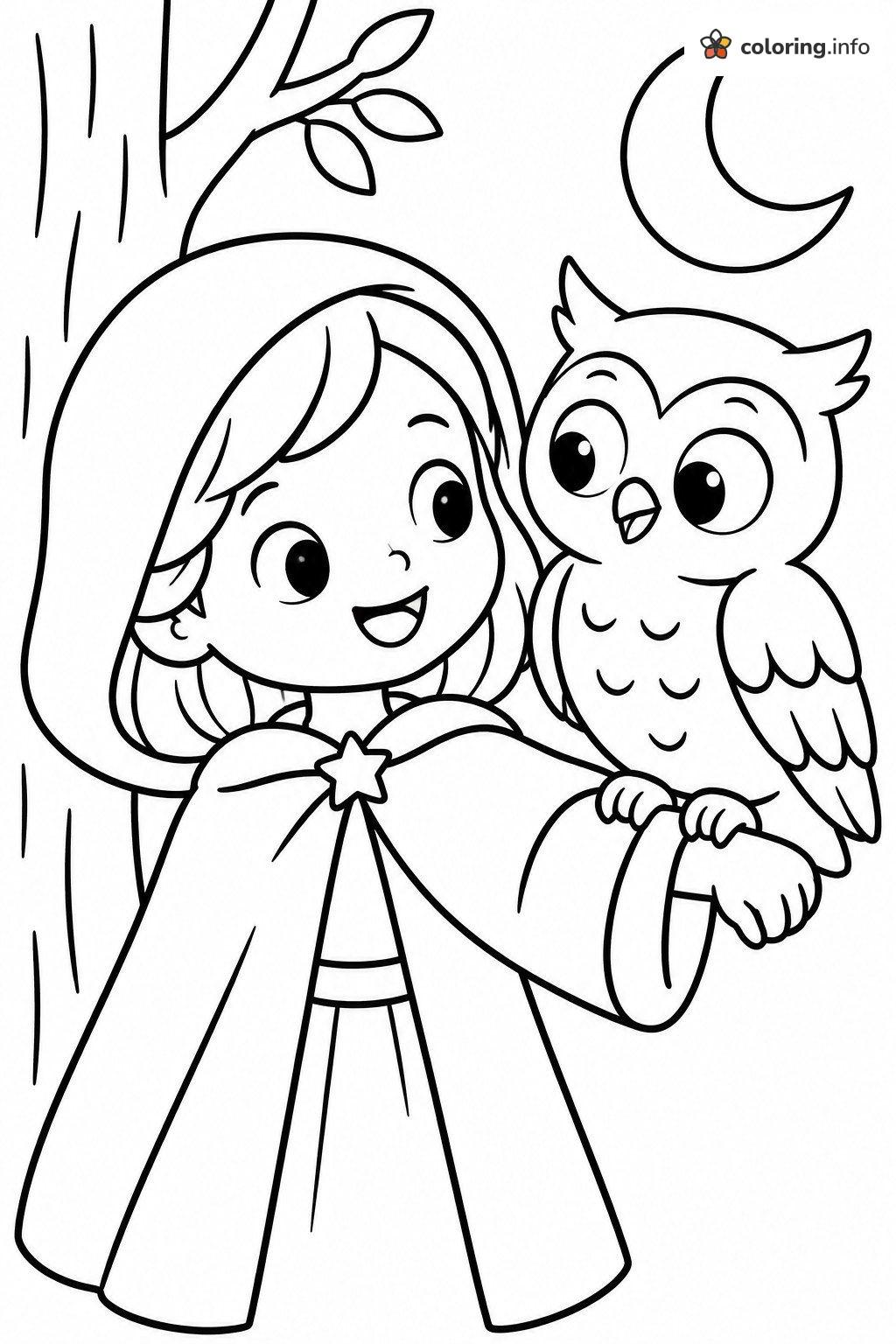Ever After High Hooded Girl with Owl Under a Crescent Moon coloring page Ever After High Hooded Girl with Owl Under a Crescent Moon coloring page